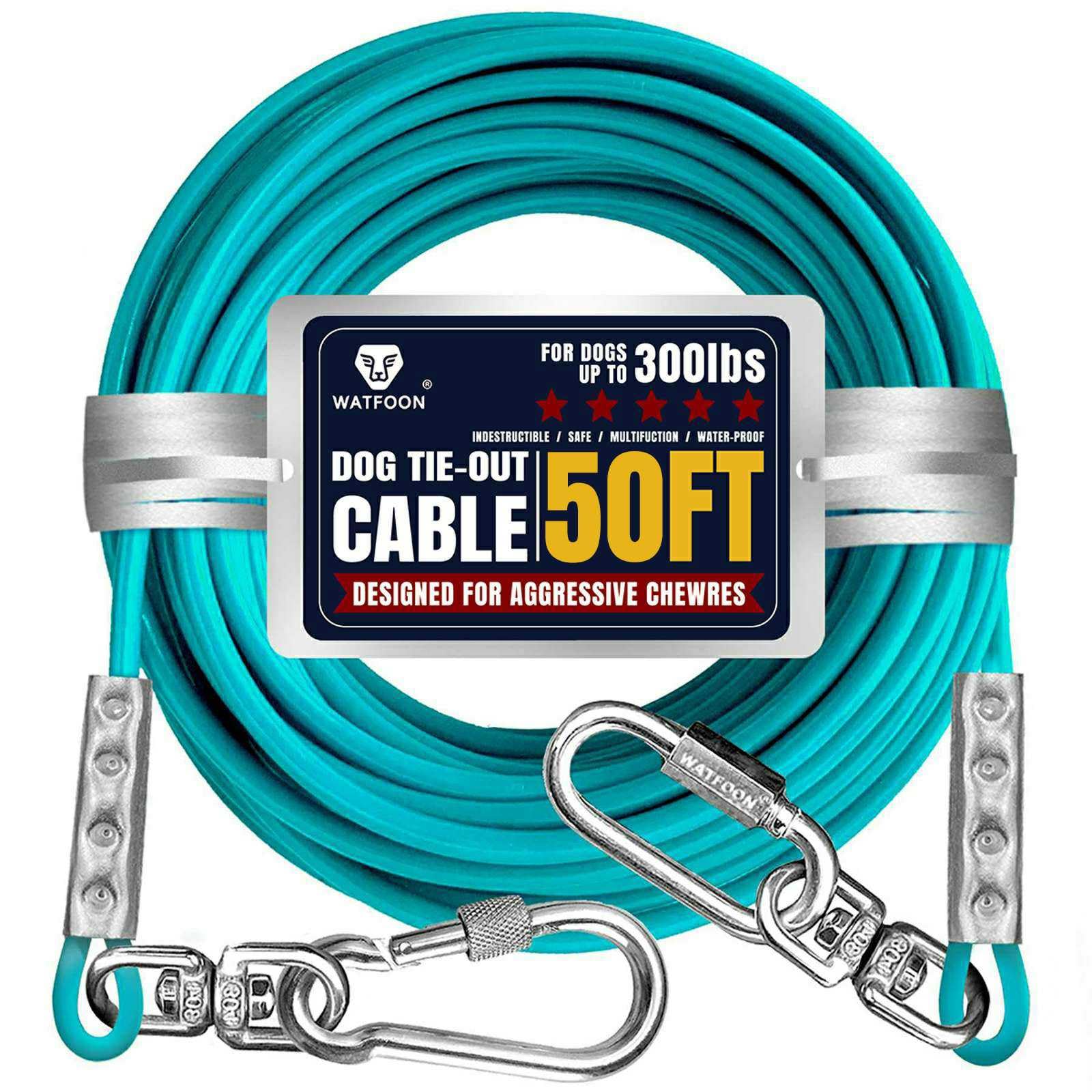 Tie Out Cable for Large Dog Runner for Yard, Pet Run Leash Heavy Duty Swivel Hooks Lead Holds Break Strength of 1000lbs, Steel Wire Dog Chain Leash Cable for Yard (Turquoise 50FT)