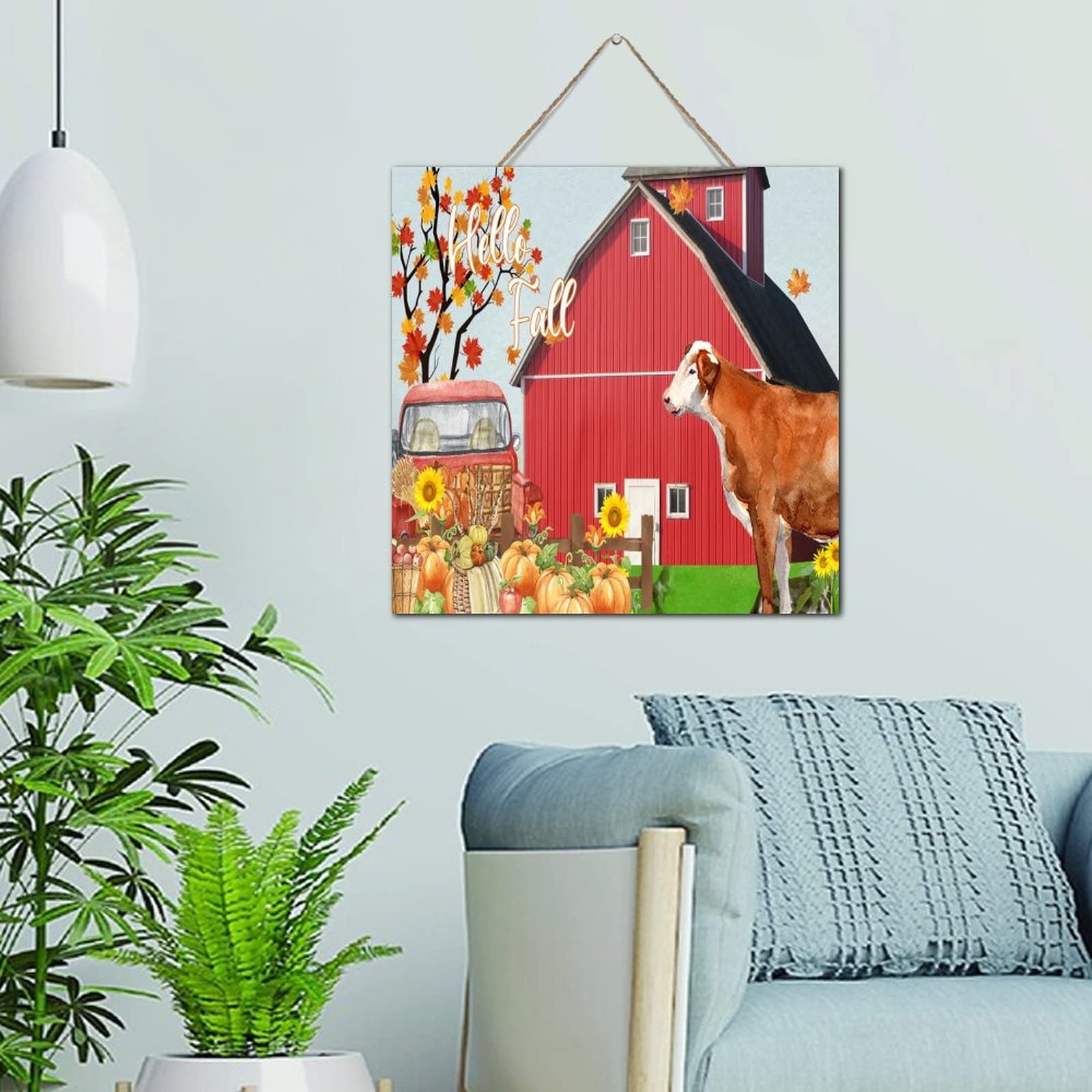 Panneau en bois Hello Fall Country citrouille vache camion pour décoration maison rustique