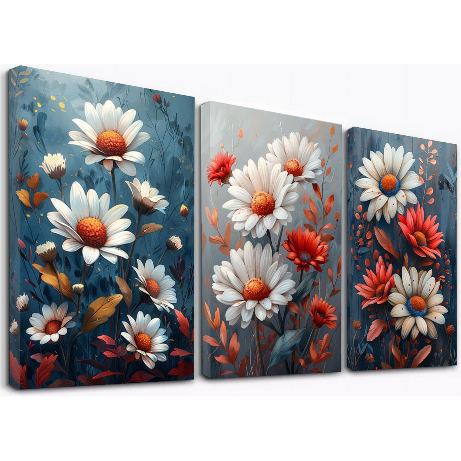 WQBQKKX 3 Pieces Wall Art For Kitchen Abstract Flowers Canvas Wall Art,Red,white Picture Bedroom Wall Decorations For Living Room-50x70cmx3 Framed