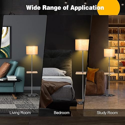 Miniatura 9 de Tangkula Lámpara de pie moderna con mesa de bandeja, lámpara de pie 3 en 1 para interiores con pantalla de tela de lino y mesa de bandeja de madera