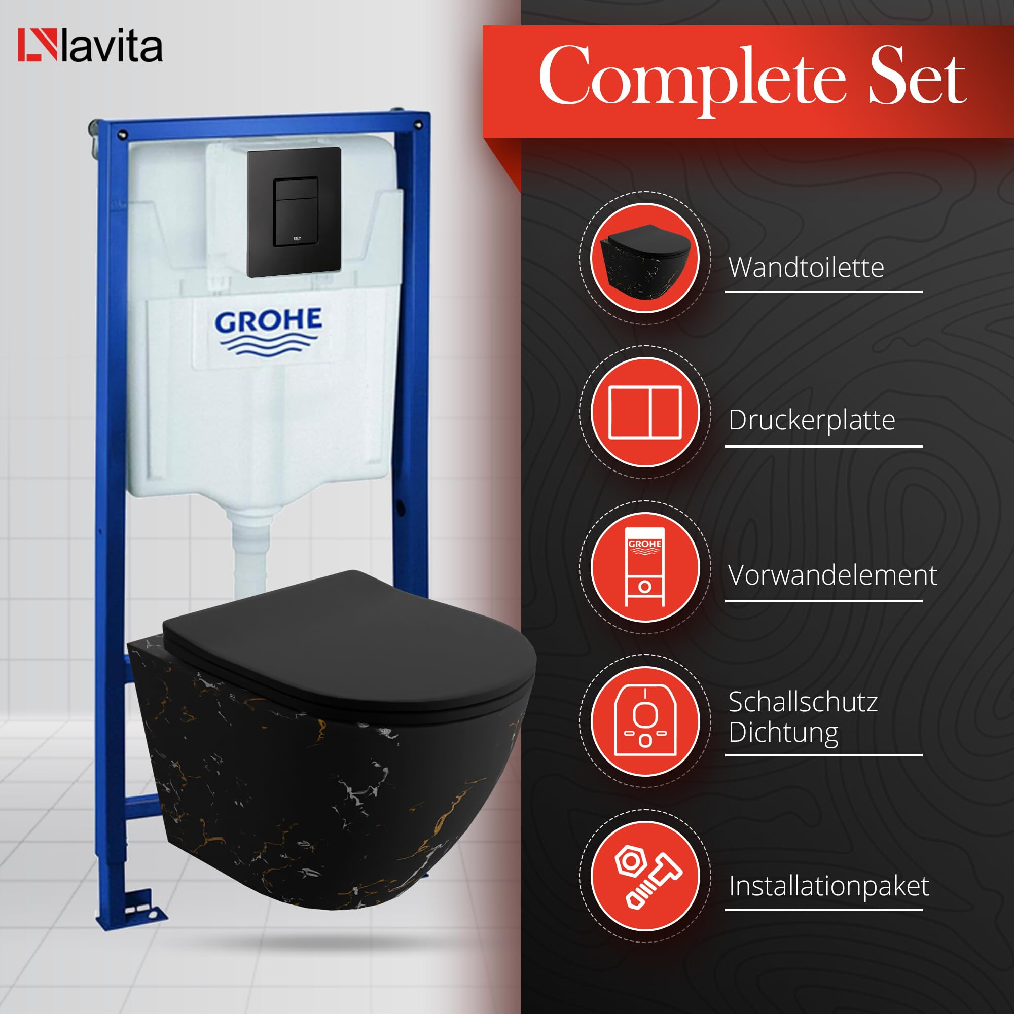LAVITA Elemento de pared Solido + pared colgante WC Sofi Slim Fire negro sin borde + asiento de inodoro con descenso automático botón negro juego completo cisterna inodoro completo
