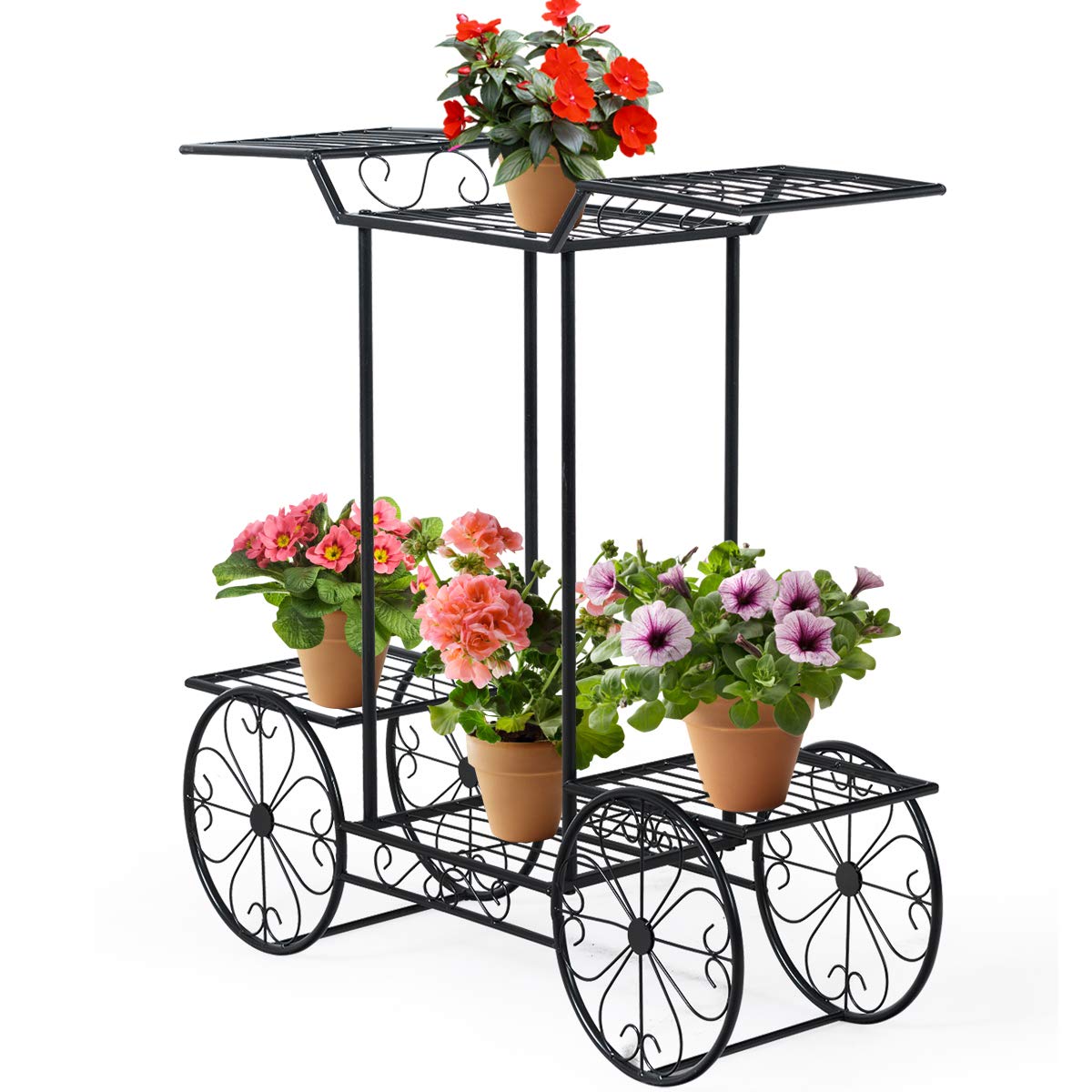DREAMADE Scaffale Portafiori in Ferro Battuto, Supporto per Piante da Esterno e Interno, Portapiante a 4 Ripiani per Giardino, Balcone, Cortile, Ruote Immobili, 80,5 x 25 x 75 cm, Nero