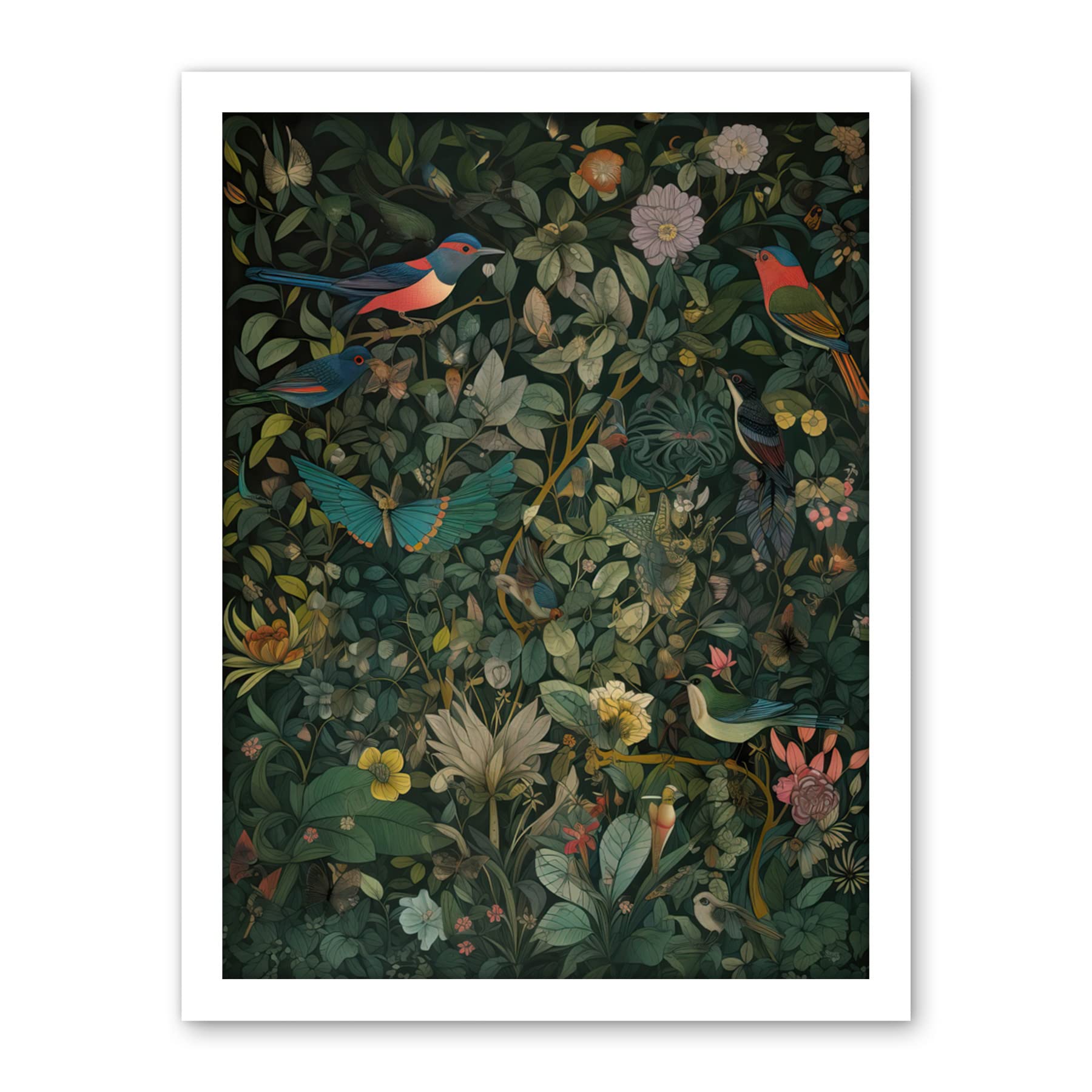 Artery8 Butterflies and Birds on Flowering Shrub Folk Art Artwork Framed Wall Art Print 18X24 Inch