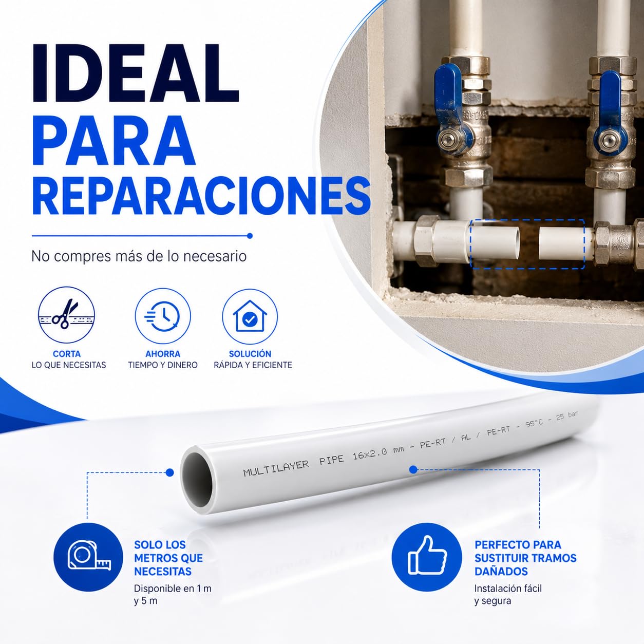 Tubo Multicapa por Metros para Fontanería, Agua Potable y Calefacción | Disponible en 1 m y 5 m | Tubería Multicapa Flexible 16 mm, 20 mm, 25 mm y 32 mm (16mm, 500, Centímetros)
