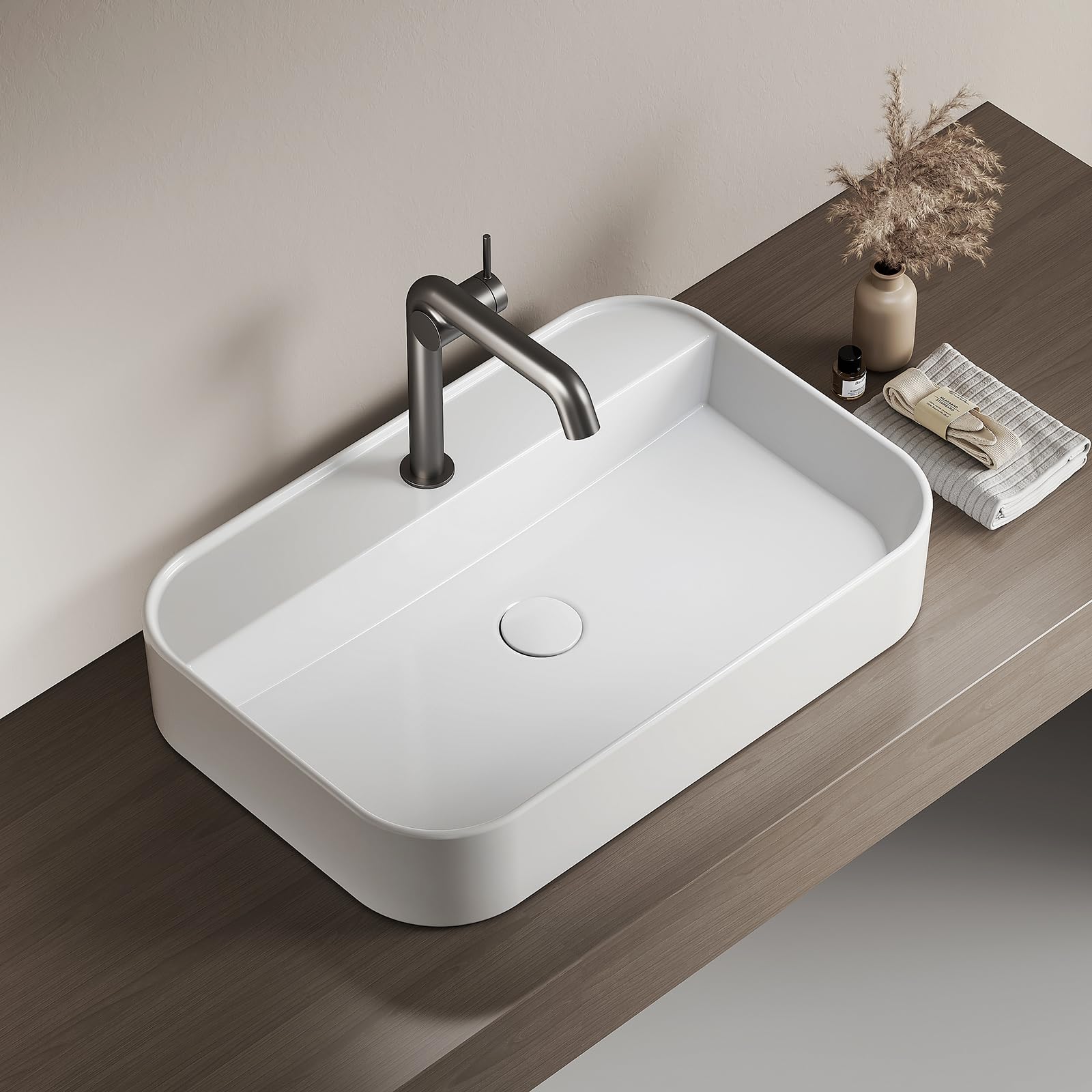EMKE Lavabo Rectangular 60 x 40 x 11 cm, Blanco Brillante | Lavamanos de Cerámica, Lavabo Suspendido de Pared o Sobre Encimera para Baño y Aseo de Invitados (Solo Lavabo)