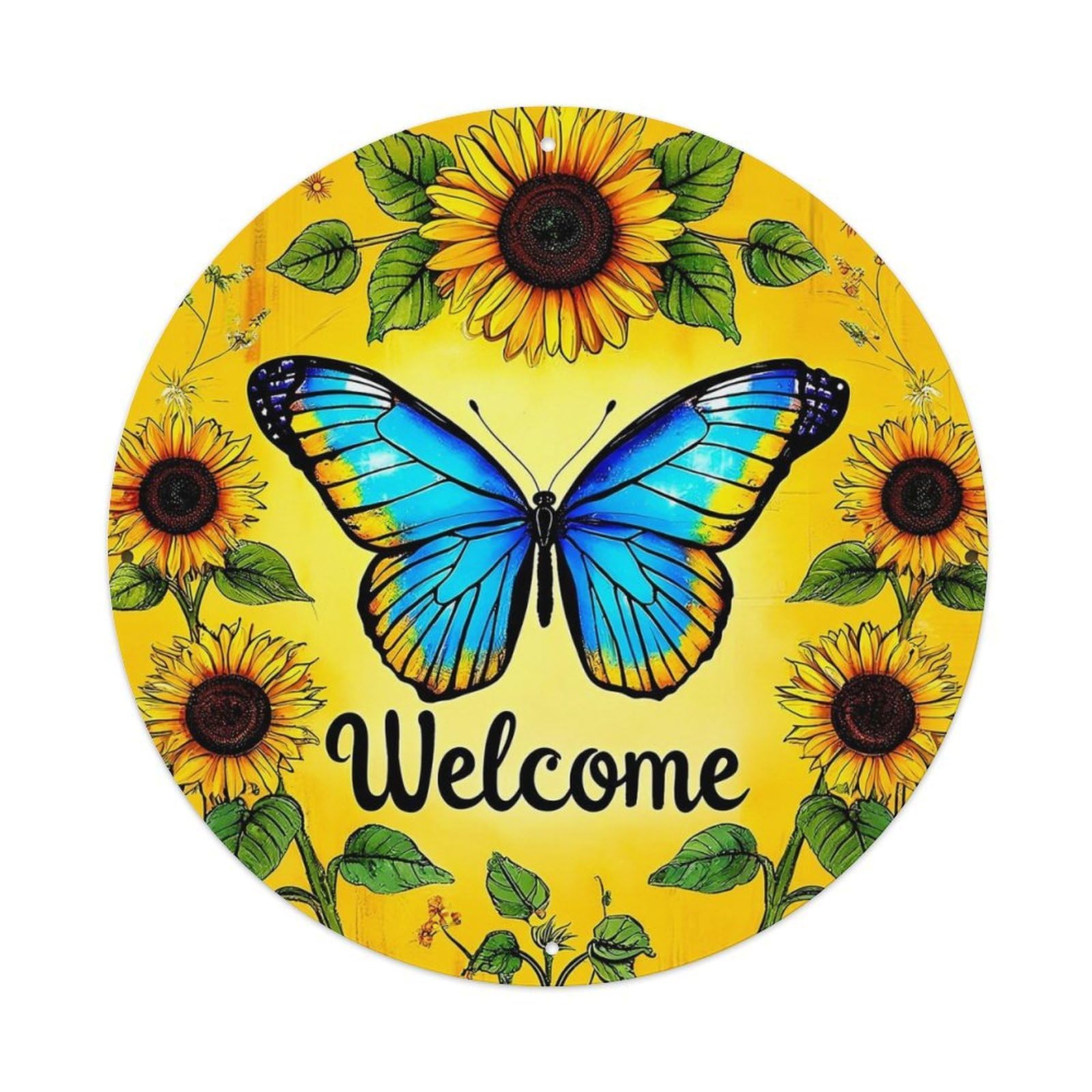 Sunflower Butterfly Welcome Pattern Art Vintage Round Tin Sign Retro Metal Wall Decor Metal Poster, Home Bar Garage Cafe Wall Art Decoration 8x8Inches