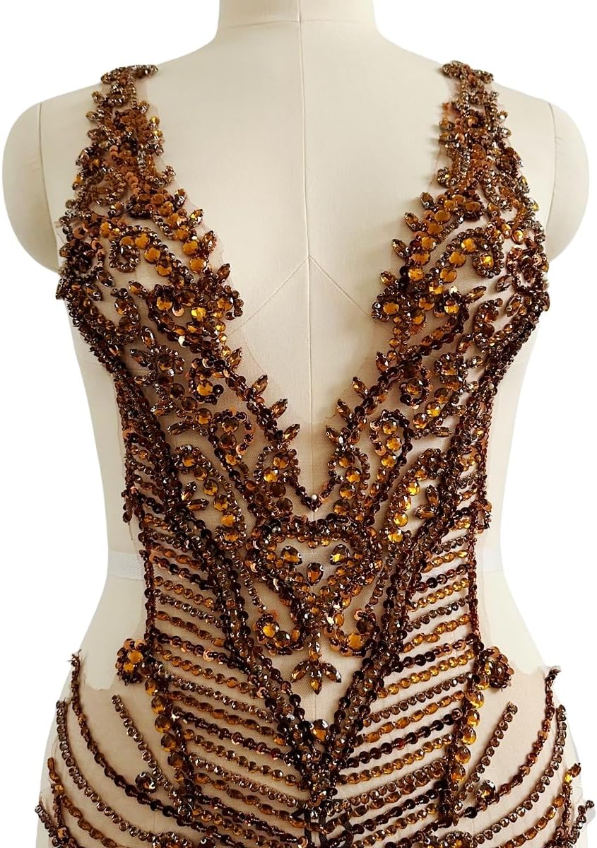 Large Size Rhinestones Beads Bodice Applique handsewing Shining Acrylic Stones Trim lace Patches for Wedding Graduation Dress Accessories 31X13.7inches (Brown)