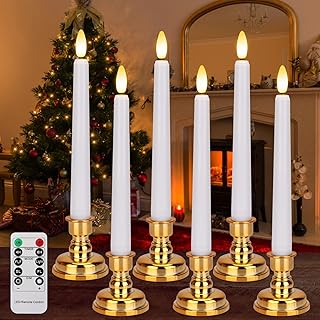 FREEPOWER 6PCS Flameless Window Candles with Gold Candle Holders, Battery Operated White Taper Candle with 4H/6H Daily Timer, Special Flickering Window with Remote for Christmas Wedding&Home Decor