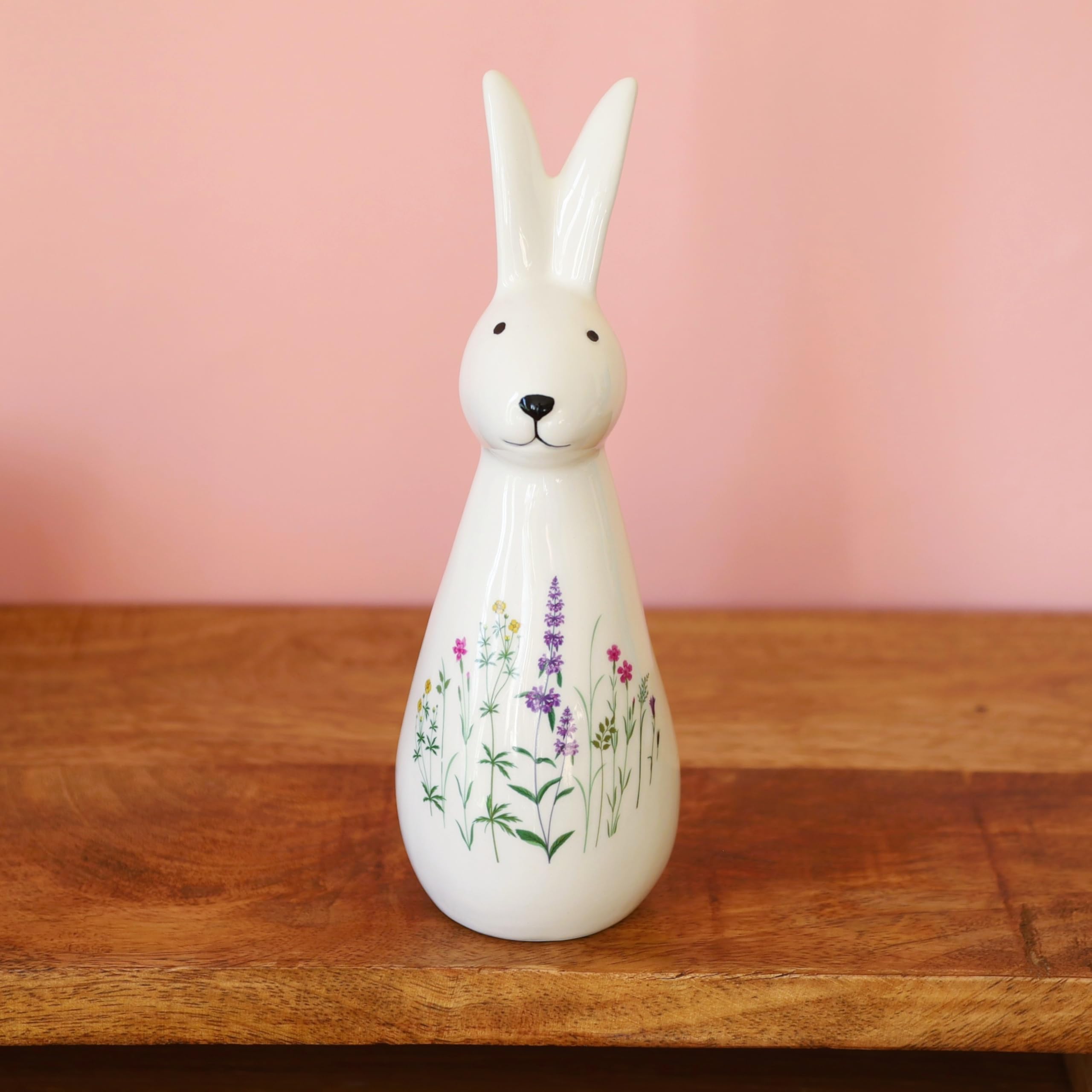 Fyne-Finds White Rabbit Meadow Patterned Figurine 20cm Tall Shelf Sitter Glossy Ornament Home Office Scultpure