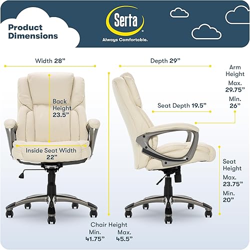 Miniatura 2 de Serta Silla ergonómica ajustable de oficina ejecutiva con almohadas corporales en capas borde del asiento de cascada cuero adherido blanco marfil