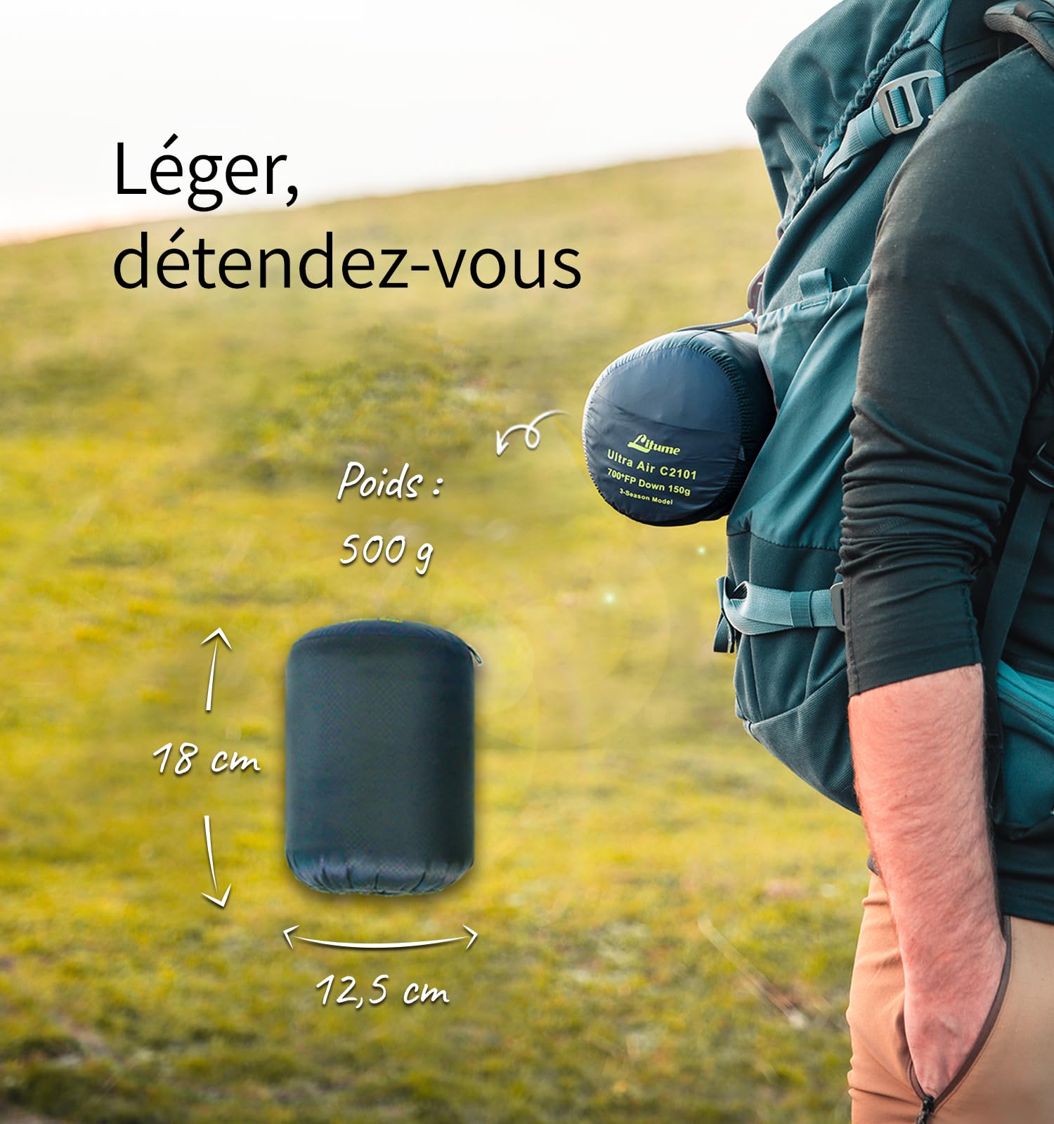 Litume Sac De Couchage D'Été 3 Saisons Momie Ultra-Léger en Duvet, 6°C - 20°C, 700+ FP, Compact Et Portable pour Randonnée, Voyage, Camping, Extérieur, Adulte, Durable