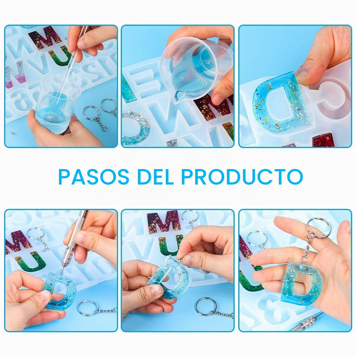 Mocoosy 134Pcs Kit de moldes de resina de alfabeto de silicona, Número de letra Moldes de fundición de resina epoxi Juego de fabricación de llaveros con 1 taladro 2 brocas 30 llaveros 100 tornillos