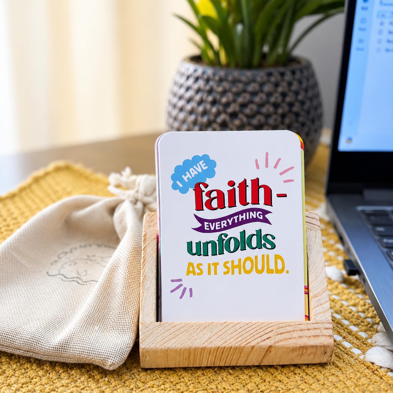 Daily Affirmation Cards (Set of 30) with Wooden Stand & Jute Bag | Self Love, Motivation & Gratitude Card | Positive Quotes for Adults, Men, College Students, Teenagers | Thoughtful Inspirational Gift
