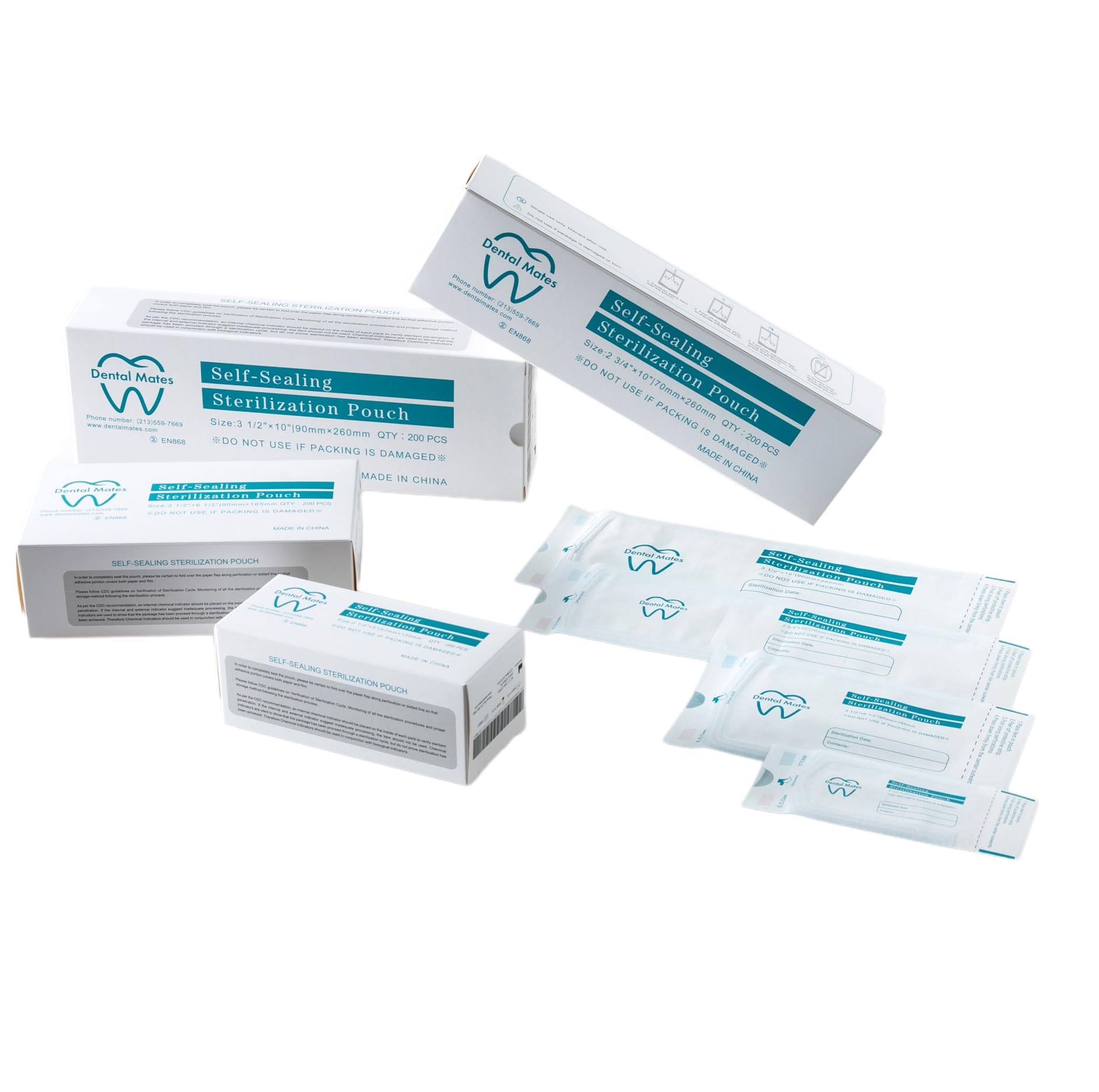 Self Seal Sterilization Pouches 200pcs, 1,000pcs and 2,000pcs Pack(1 Box 200 Pouches) Sizes 2.25x5, 3.5x6.5, 2.75x10, 3.5x10, 5.25x10, 7.5x10, 10.5x20