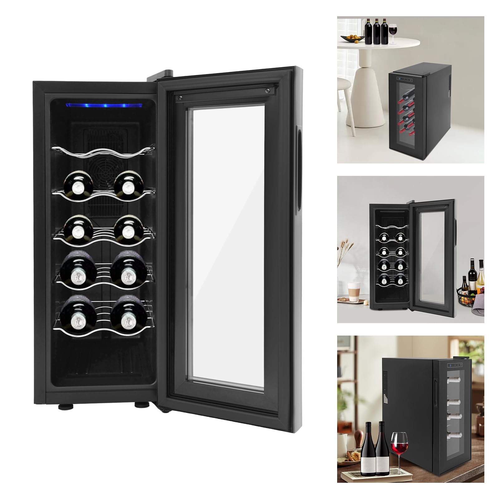 12 botellas de vino, gabinete climatizado, pantalla LED y panel táctil intuitivo, hay cinco estantes, familia, oficina, hotel, bar, club, rango de refrigeración del 55 % al 75 %