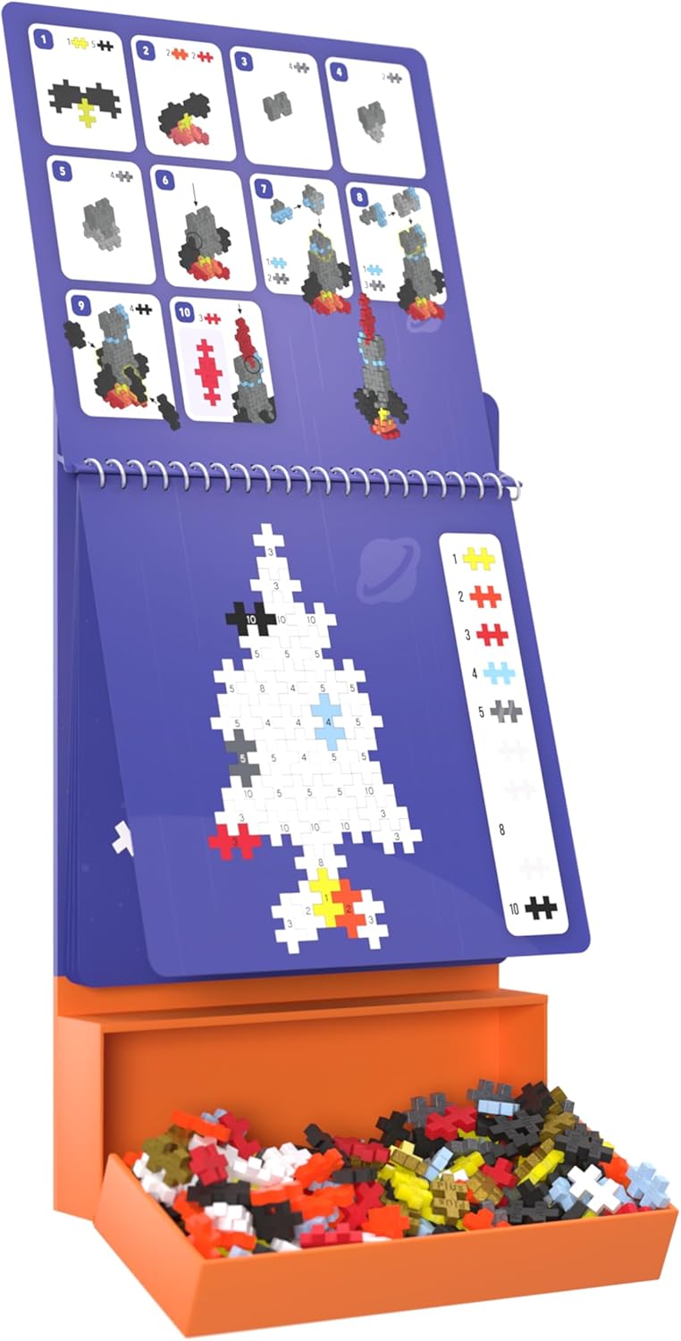 Plus Plus Puzzle By Number Activity Pad, Kids Travel Activities, Interlocking Mini Building Blocks, 3D Puzzle Stem Toy for Kids - Space