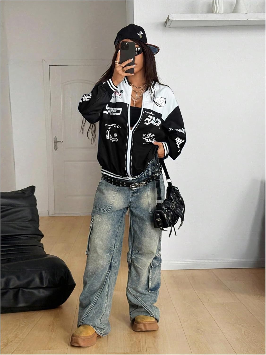 Verdusa Women's Graphic Motorcycle Racing Bomber Jacket Streetwear Zip Up Outerwear Y2k Fall Jackets