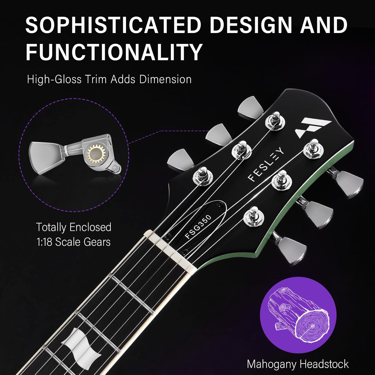 Close-up of Fesley Electric Guitar Model 350 headstock showing Fesley logo, model number FSG350, and 1:18 sealed-gear tuners.