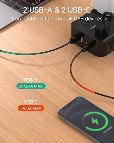 Miniatura 10 de Cable de extensión de 10 pies, regleta de alimentación de enchufe plano con 8 salidas anchas, 4 puertos USB, extensor de salida de 3 lados, montado,