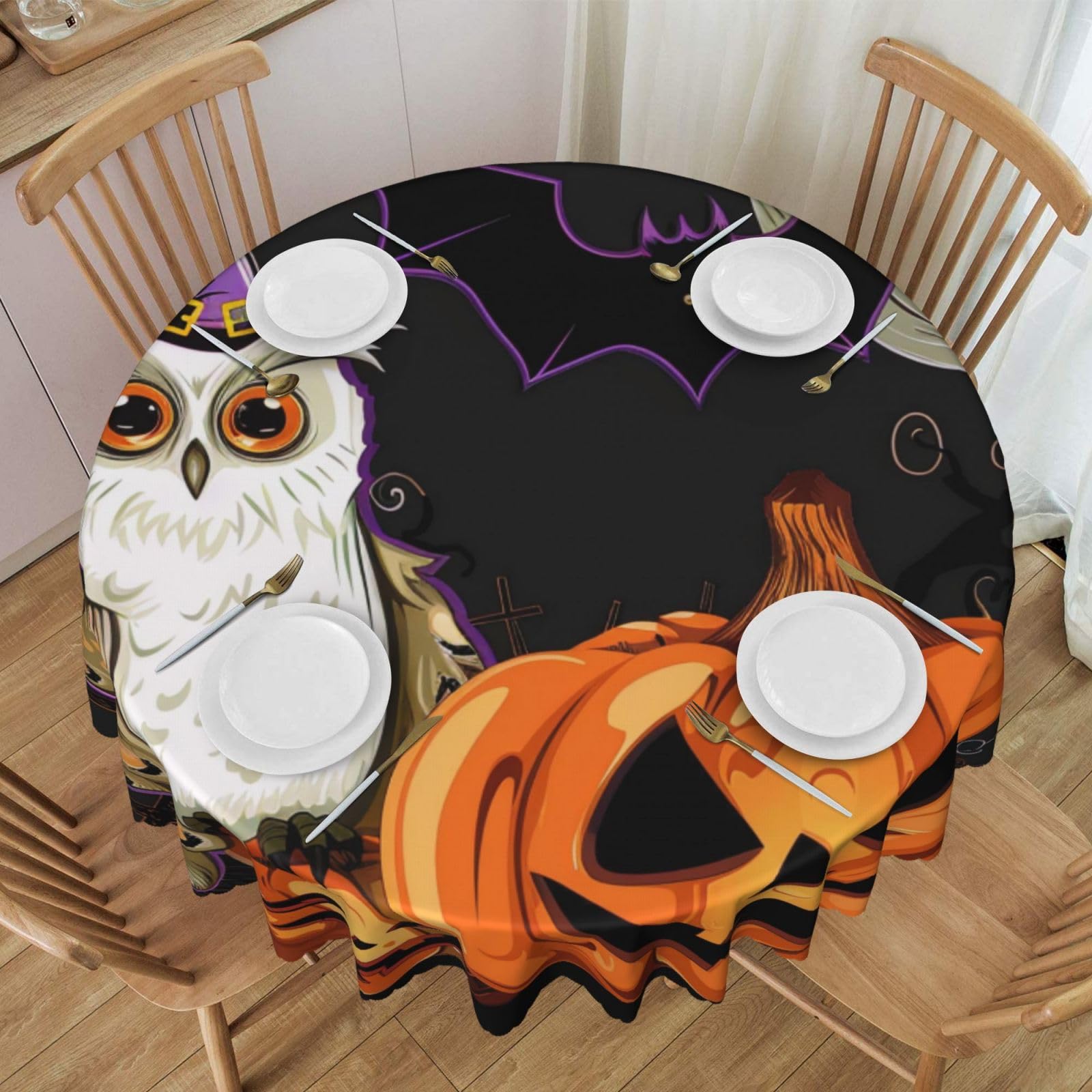 WPKJU Halloween Owl Ghost Pumpkin Printed Round Tablecloth 60 Inch with Lace Trim, Water-Resistant Washable Table Cover for Farmhouse Weddings, Outdoor Picnics & Holiday Dining
