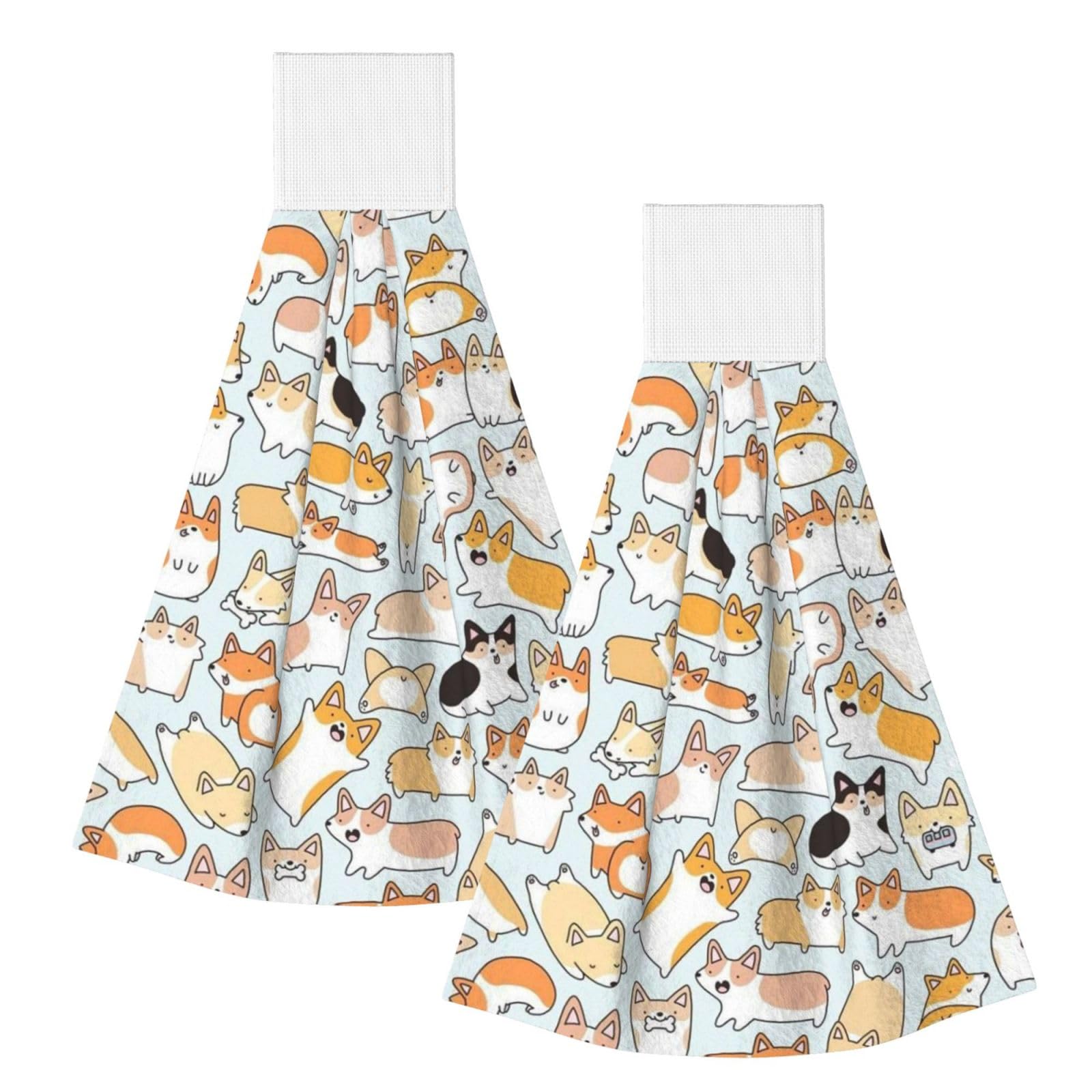 DOPKLNA Corgi Pattern, 2 Pcs Hanging Coral Fiber Hand Towels for Bathroom, Absorbent Kitchen Towels