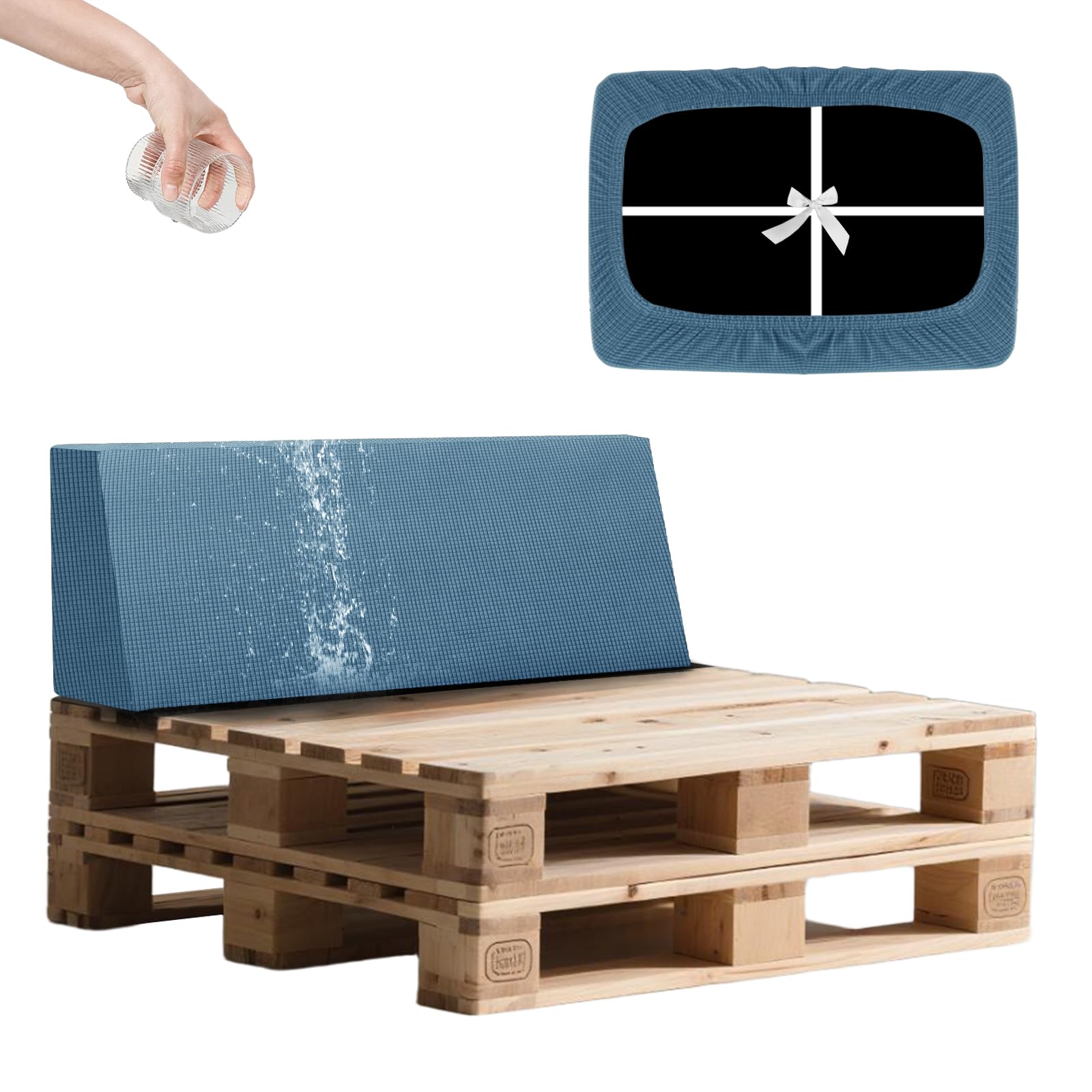 SYLC Waterproof Pallet Cushions Covers, Stretch Cover for Pallet Furniture Cushions with 4 Ties, Outdoor Corner Sofa Covers for Rattan Patio Garden Caravan (Blue,Back 120×40×10/20cm)