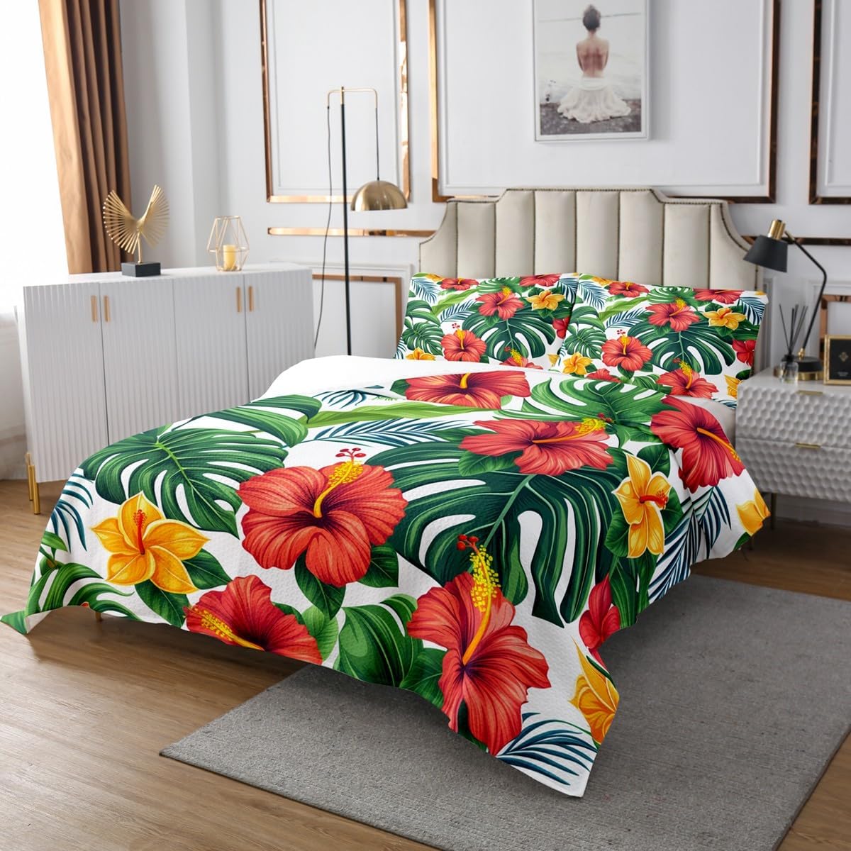 3 Piece Summer Tropical Quilt Bedding Sets Women Aldult Lightweight Bedding Fresh Floral Bedspread Rainforest Coverlet Soft Microfiber Home Quilt Set for King Bed All Season