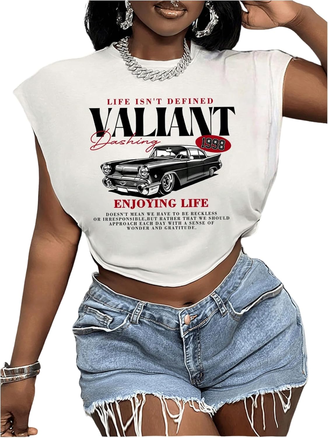 Women's Plus Size Letter Car Graphic Tees Short Sleeve Crew Neck Crop Tops Summer T Shirt