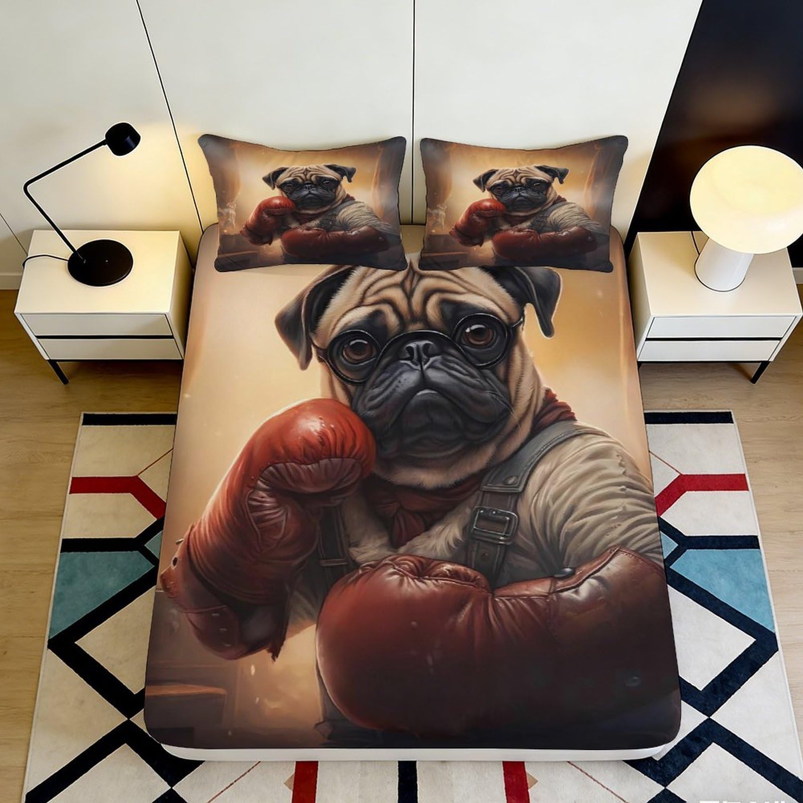 Pnayamiorkfel Style-9 3D Printed Boxing Pug Fitted Sheet Microfiber Anti-Slip Bed Cover For Bedroom Guest Room Easy Care Decor 90X200x25cm
