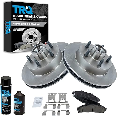 TRQ Kit de pastillas de freno delantero y rotor, kit químico de freno, pastillas de freno de cerámica compatible con Ford Ranger Mazda B2300