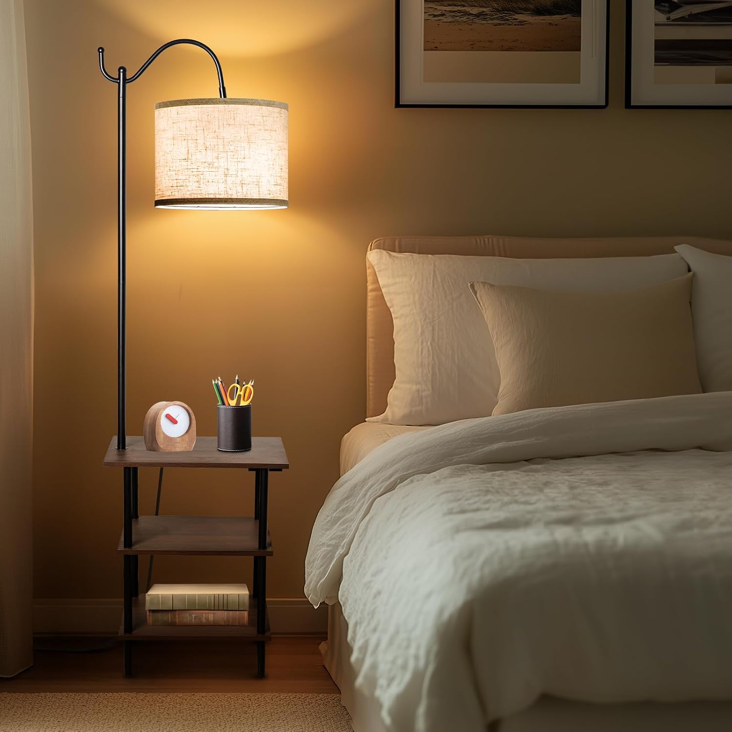 Floor Lamp with 3-Tier Shelves, End Table Lamp with USB Charging Port Power Outlet, Side Table Reading Light with 3 Color Temperature Led Bulb Included, Floor Lamps for Living Room, Walnut