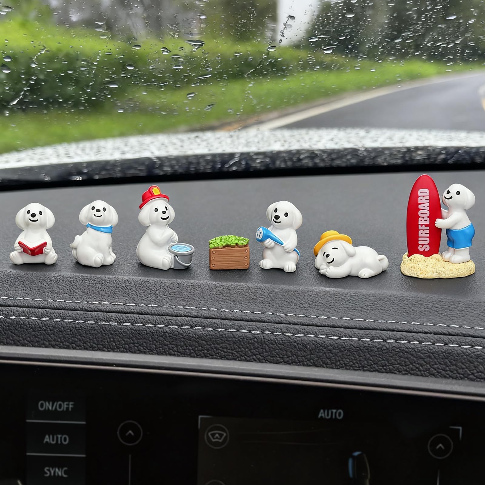 Mini Dog Figurines Cute Car Dashboard Decor, 12 Pcs Dog Car Accessories Interior Set Watering Potted Plants, Surfing