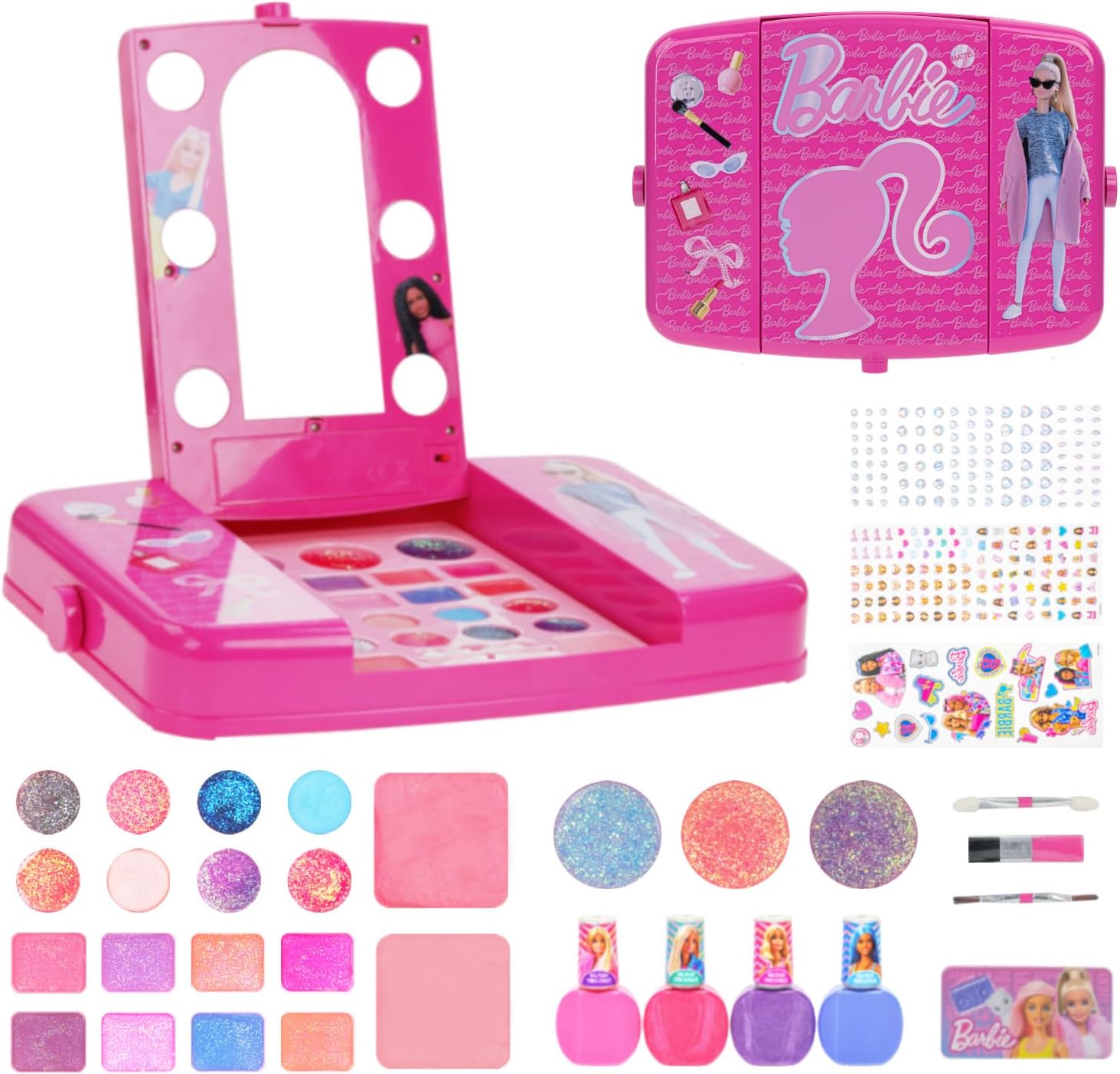 Barbie Beauty Vanity Set with Light-Up Mirror, Includes Lip Gloss, Eye Shadow, Brushes, Nail Polish, Accessories, and More! Ages 6+ Perfect for Parties, Sleepovers, and Makeovers, by Townley Girl