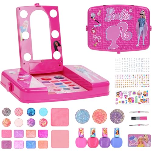 Barbie Makeup Set for Kids, Beauty Vanity Set with Light-Up Mirror, Includes Lip Gloss, Eye Shadow, Brushes, Nail Polish, Accessories, and More! Gift for Ages 6+ by Townley Girl