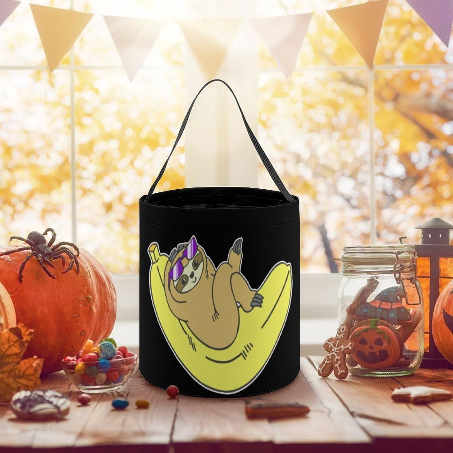 Funny Banana Sloth Halloween Candy Gift Bags Reusable Treat Baskets Tote Bag Holiday Party image 3