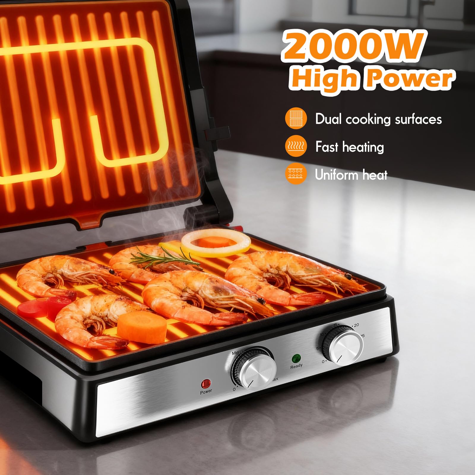 KEINVE Kontaktgrill Keramikbeschichteter 2000 Watt Timer Sandwichmaker Panini Grill