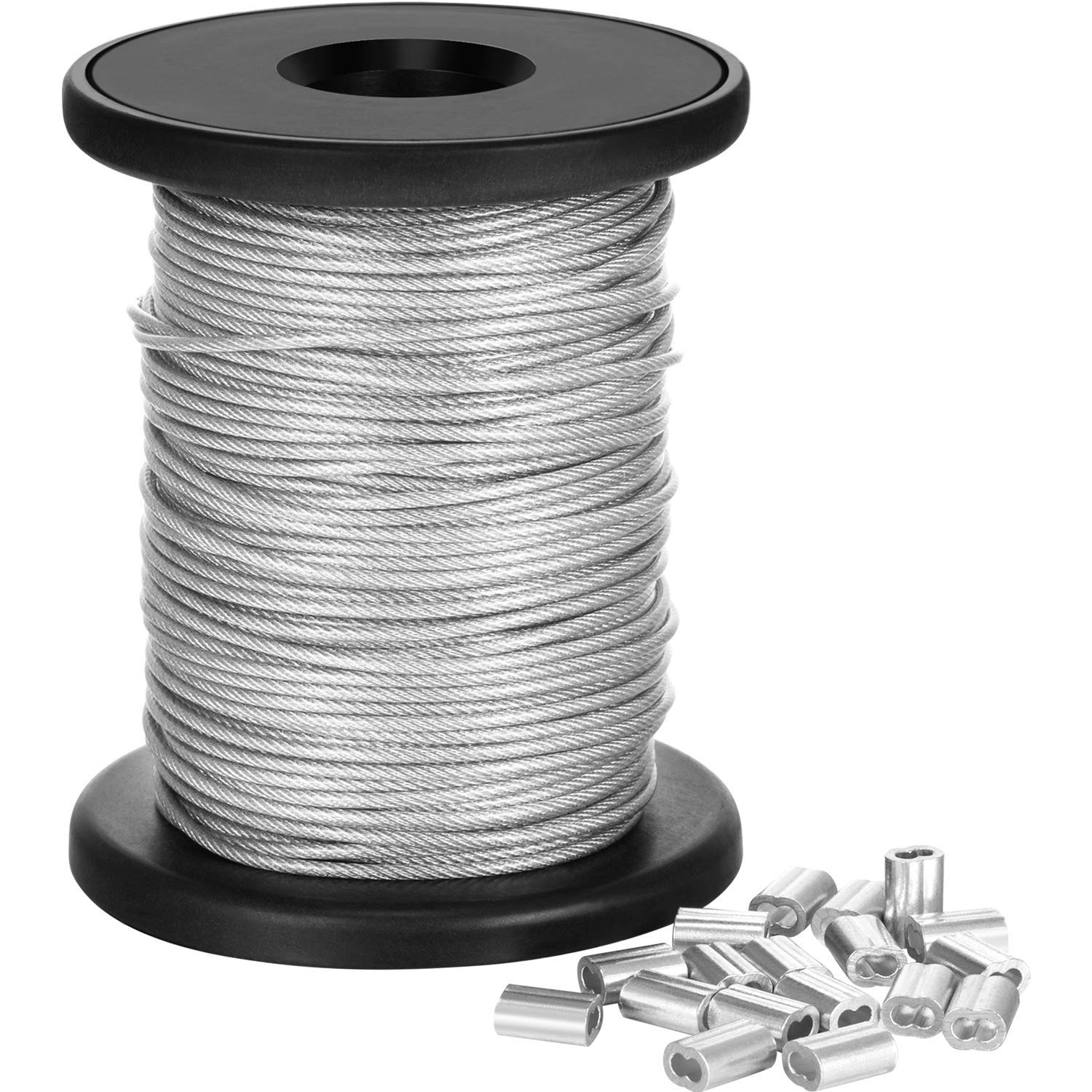 Vinyl Coated Picture Hanging Wire, Stainless Steel Wire Spool with 20 Aluminum Crimp Sleeves, Rust-Resistant, Supports Up to 110 Lbs for Frames, Artwork, and Wall Decor (1.5 mm x 98 Ft)