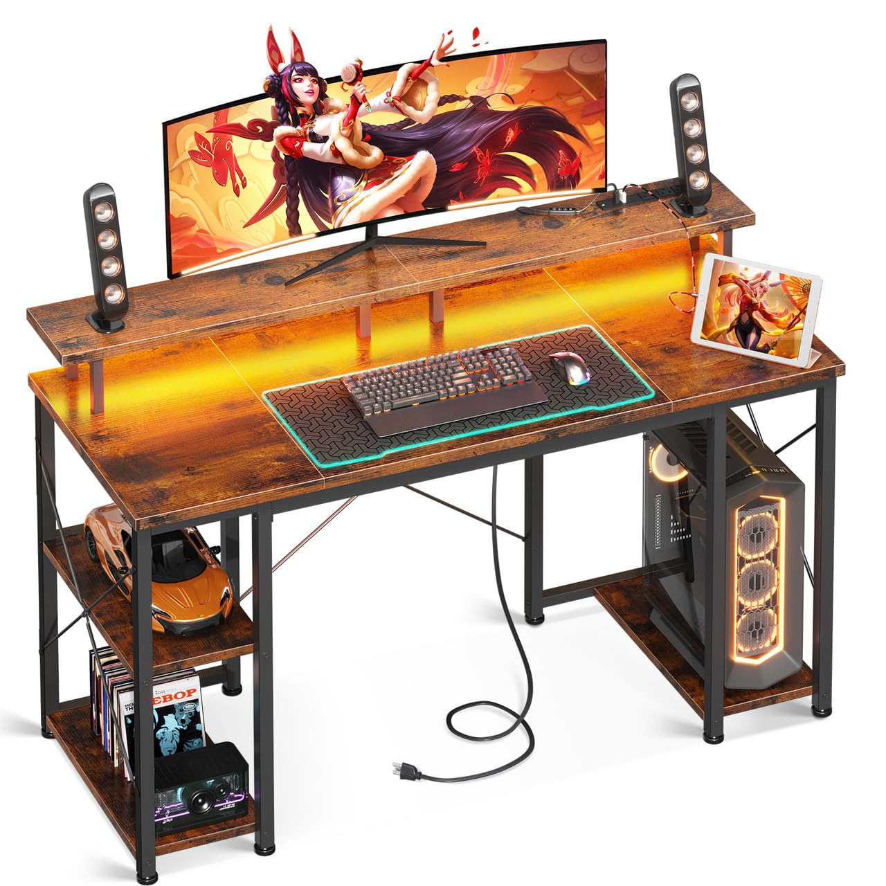 ODK 48 inch Gaming Desk with LED Lights & Power Outlets, Computer Desk with Monitor Stand & Storage Sheves, CPU Stand, Home Office Desk, Vintage