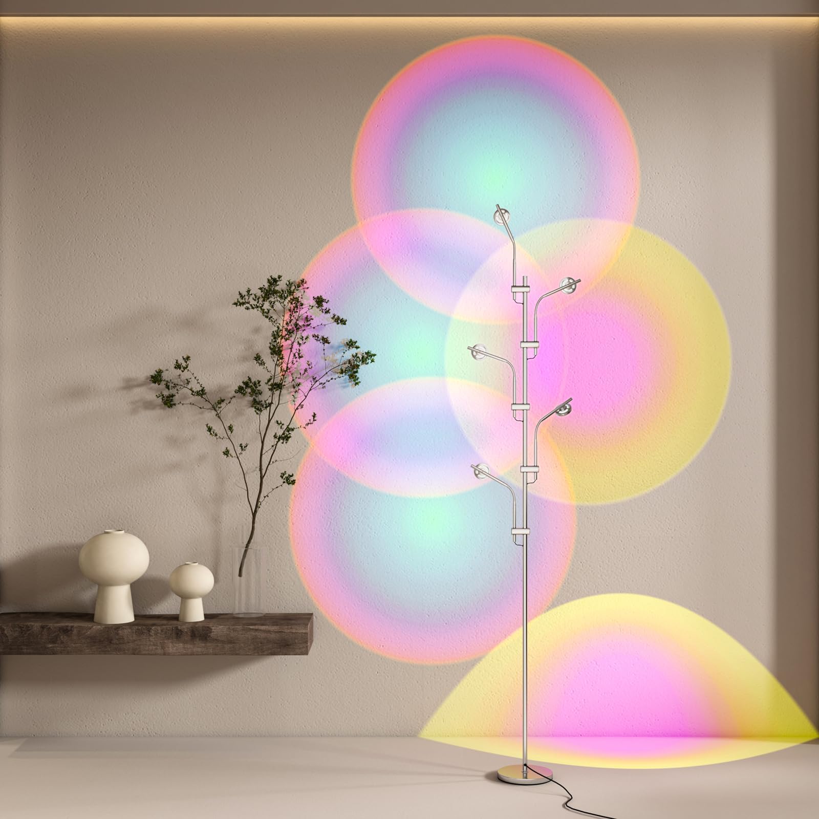 RGBW Halo Projector Floor Lamp - 4000K LED with Replaceable Color Filters - Light and Shadow Mood Light - Multi-Head Ambient Decor Lighting for Bedroom, Living Room - 73" - 12W - Chrome