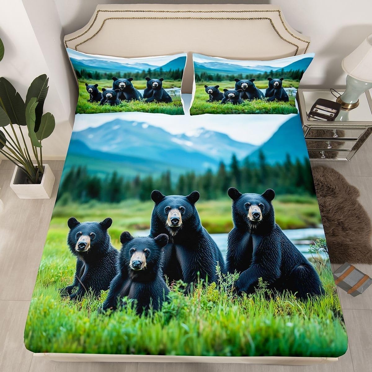 Forest Scenery Fitted Sheet Black Bear Bed Sheets Deep Pocket 12 inch (30 cm) Soft Cozy 3 Piece Microfibre Bed Sheet 200x200 cm with 2 Pillowcases 50x75 cm