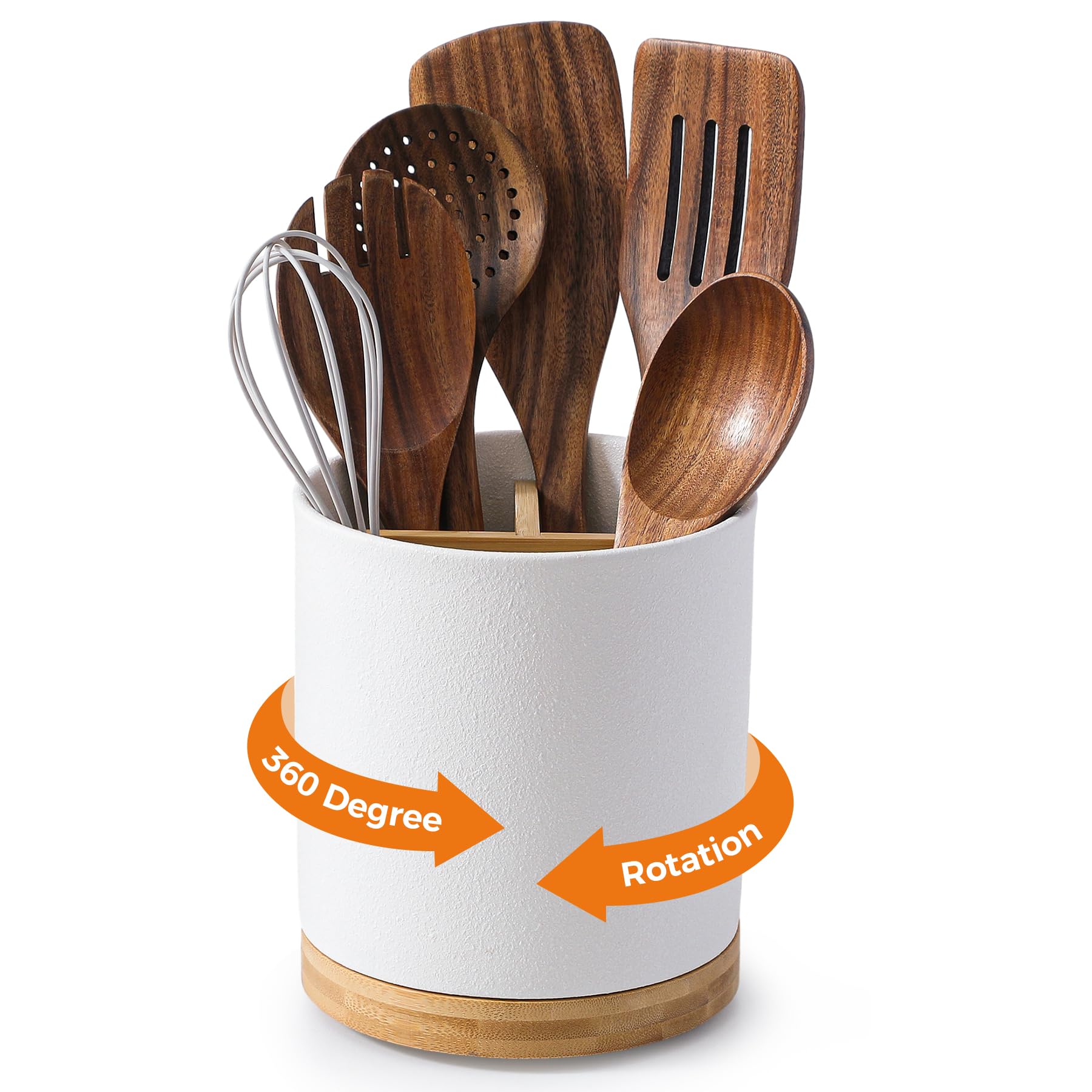 LoeJan 3 Compartment Utensil Holder, Extra Large Utensil Crock, Stable Ceramic Utensil Organizer, Cooking Tool Organizer Set for Kitchen Counter Farmhouse Decor, Textured White