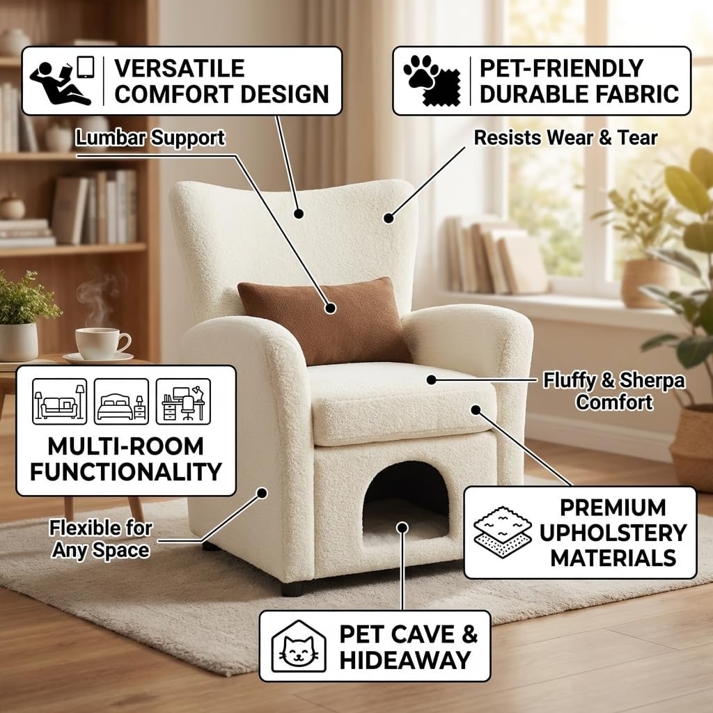 Furniture Style 2 in 1 Pet Friendly Fluffy pet Sofa Fabric Sherpa Dog Sofa Bed Upholstered Leisure Armchair, Plush Seating Chair with Lumbar Pillow for Living Room Bedroom Dog Sofa