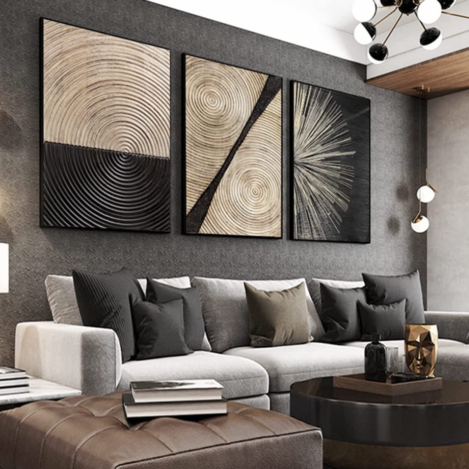HEHGVCF Lot de 3 tableaux sur toile noir doré tableaux muraux salon abstrait or toile poster impression moderne art mural peinture photo sans cadre (or A, 60 x 90 cm)