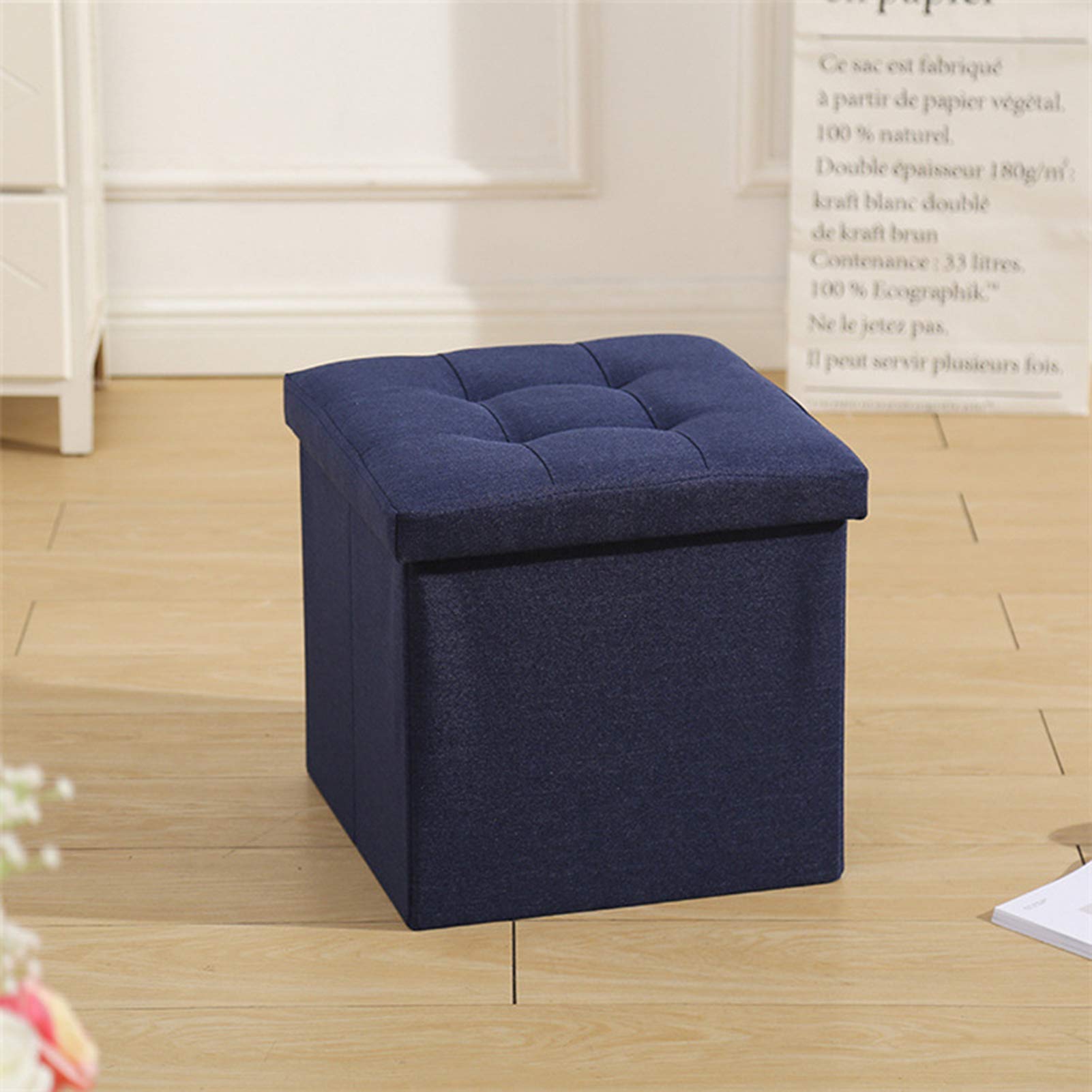 Poggiapiedi Pieghevole ottomano, poggiapiedi cubo Sedile Multifunzione Scatola di Giocattoli Pouf Quadrato in Lino Imbottito, 38 * 38 * 38 cm, Blu
