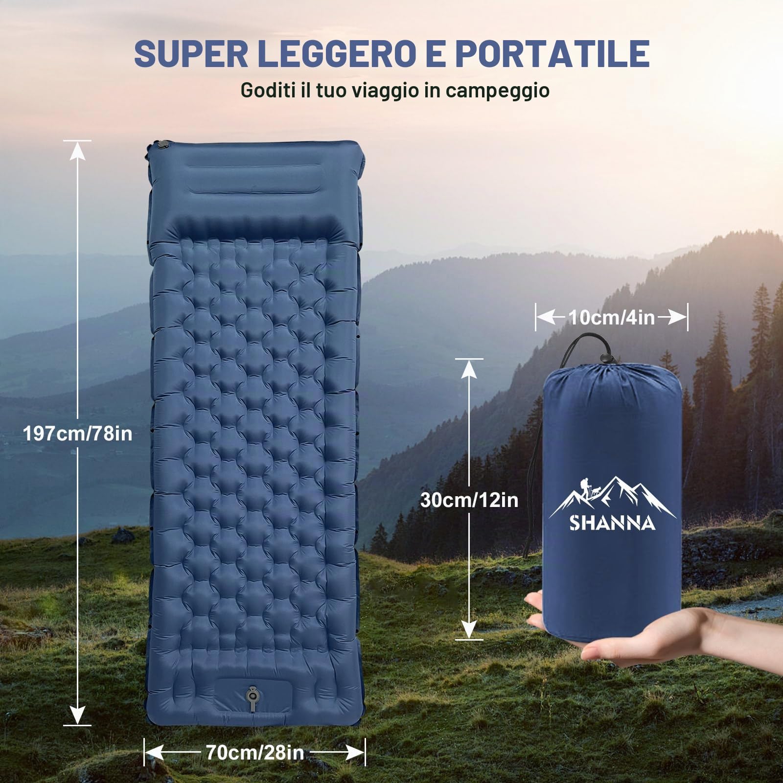 SHANNA Materassino Da Campeggio Autogonfiante: Extra Spesso 12 Cm Ultraleggero Materassino Gonfiabile Impermeabile Autogonfiante Con Pompa A Pedale Integrata Per Viaggi All'aperto (Blu Marino)