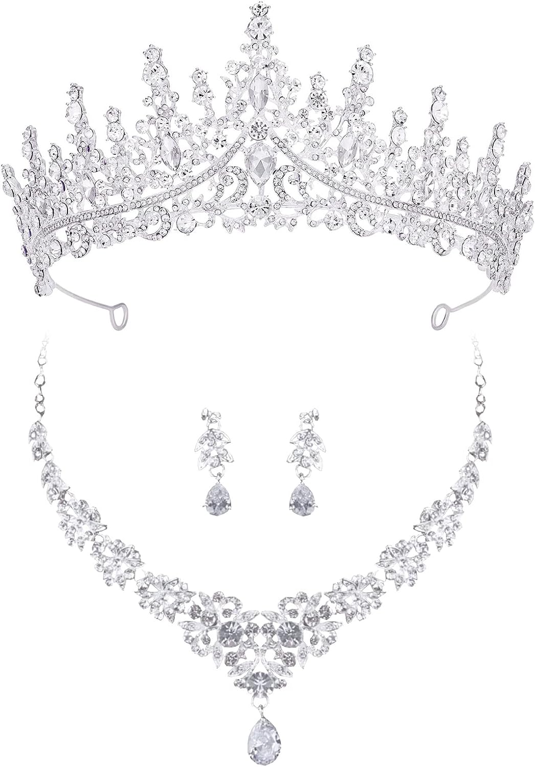 EverLove Bride Headdress Jewelry Wedding Necklace Earrings Set Crystal Crown Tiara