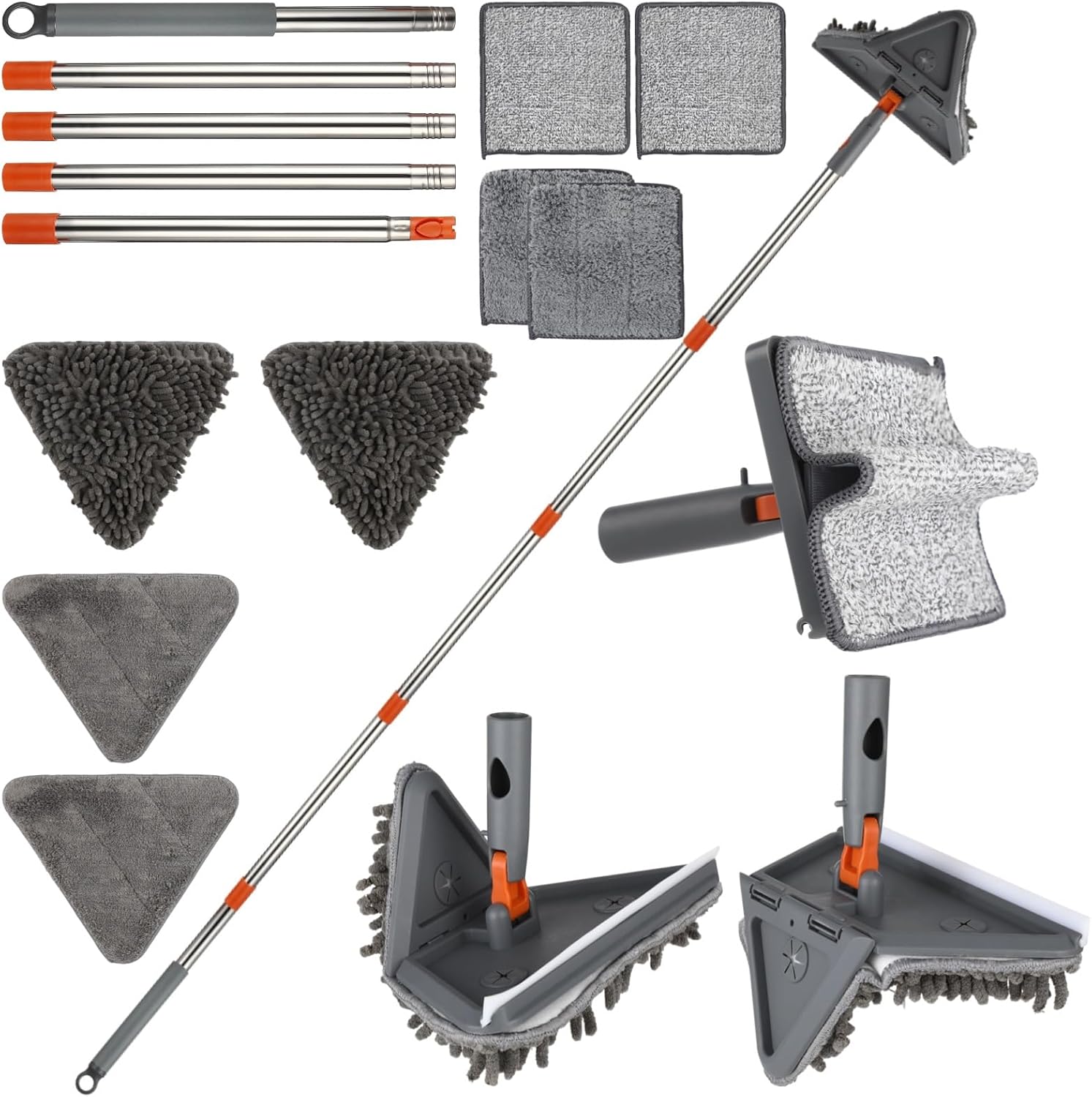 Wall Cleaner Mop, Ceiling Mop with 80 in Long Handle, 2-in-1 Triangle and Rectangle Cleaning Head with Squeegee, Cleaner Tool with 11 Washable Pads for Walls Ceilings Windows Floors