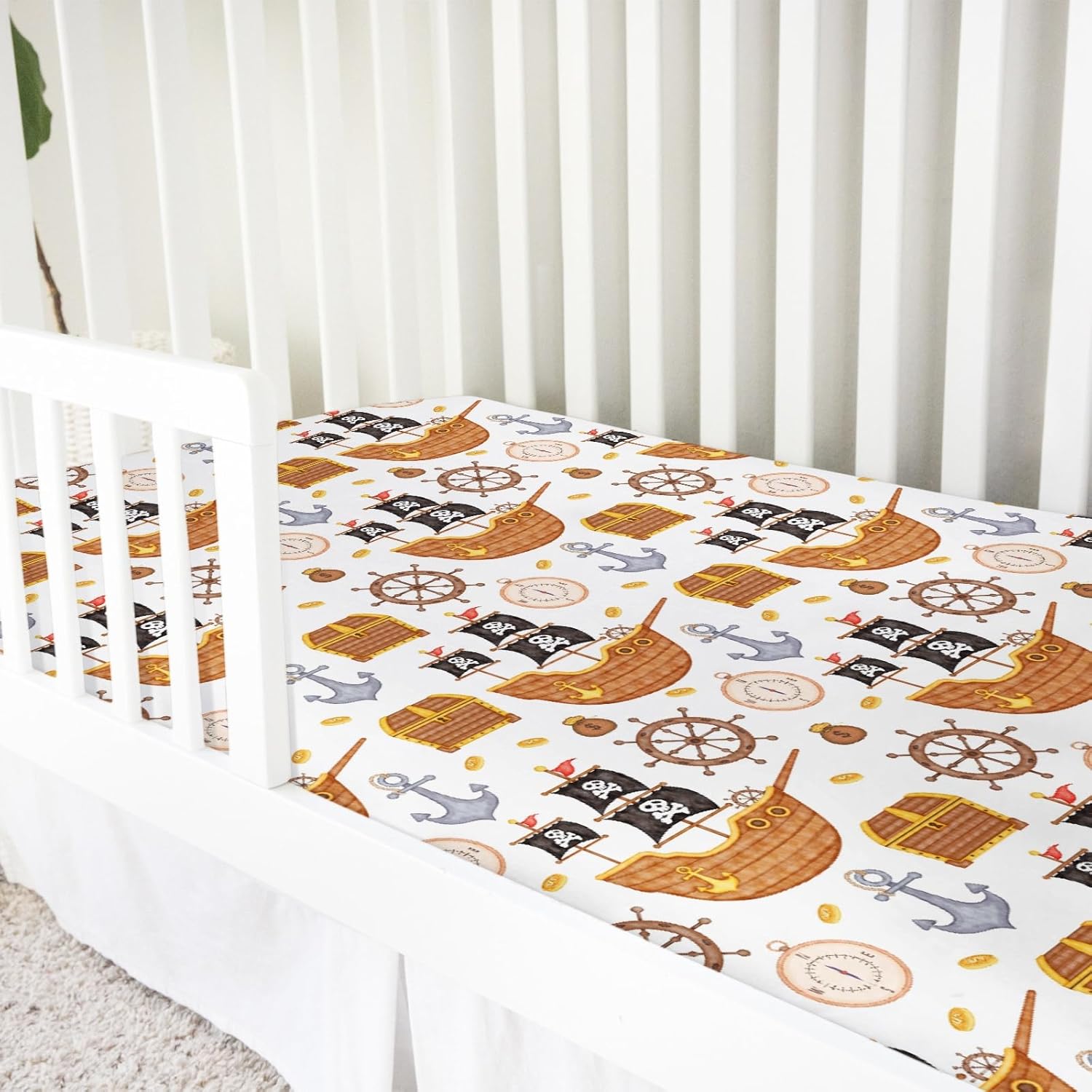 Sea Ocean Baby Crib Sheets 52''x28'' Pirates Ship Compass Anchor Rudder Snug Fitted Crib Mattress Cover for Boy Girl Nautical Life Soft Nursery Bed Sheets for Standard Crib and Toddler Mattresses