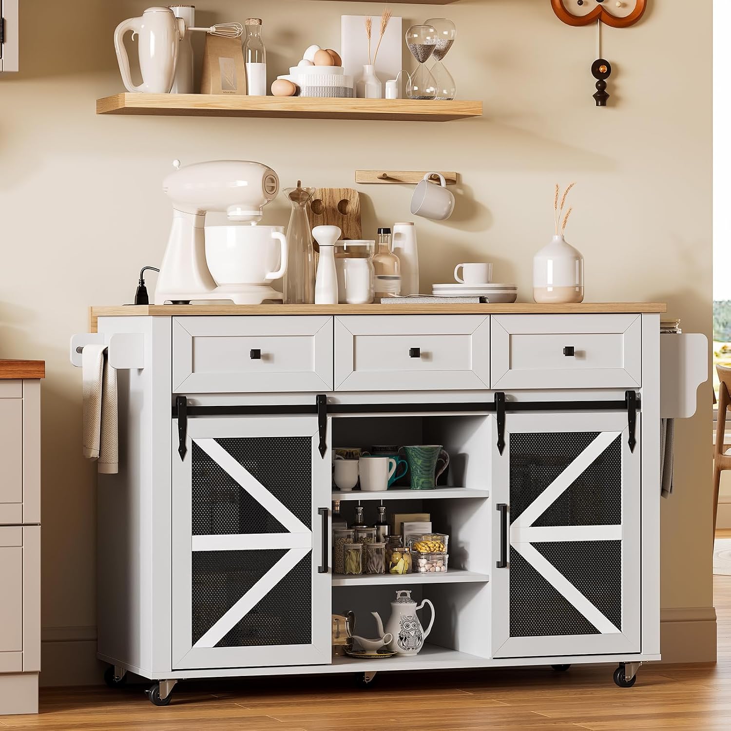 RALGEND Kitchen Island with Storage, 55" Kitchen Cart with Charging Station, Rolling Kitchen Island Table with Drop-Leaf, 3 Drawers, Barn Doors, Towel Rack and Spice Rack, White and Natural