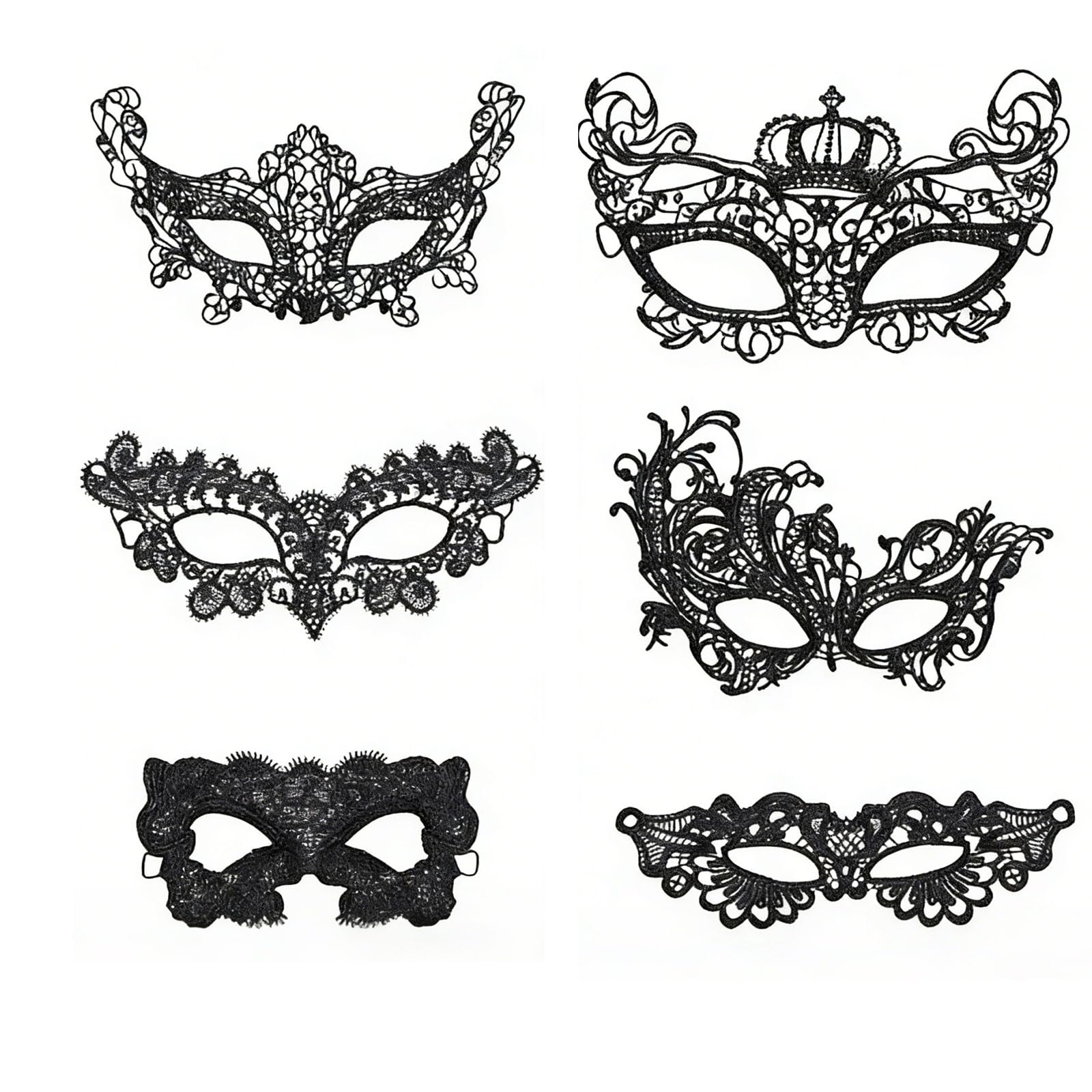 PureSphere 6 Pack Women Lace Masquerade Masks, Venetian Eye Masks for Halloween Carnival Masquerade Ball Costume Party, One Size Fits Most, Black